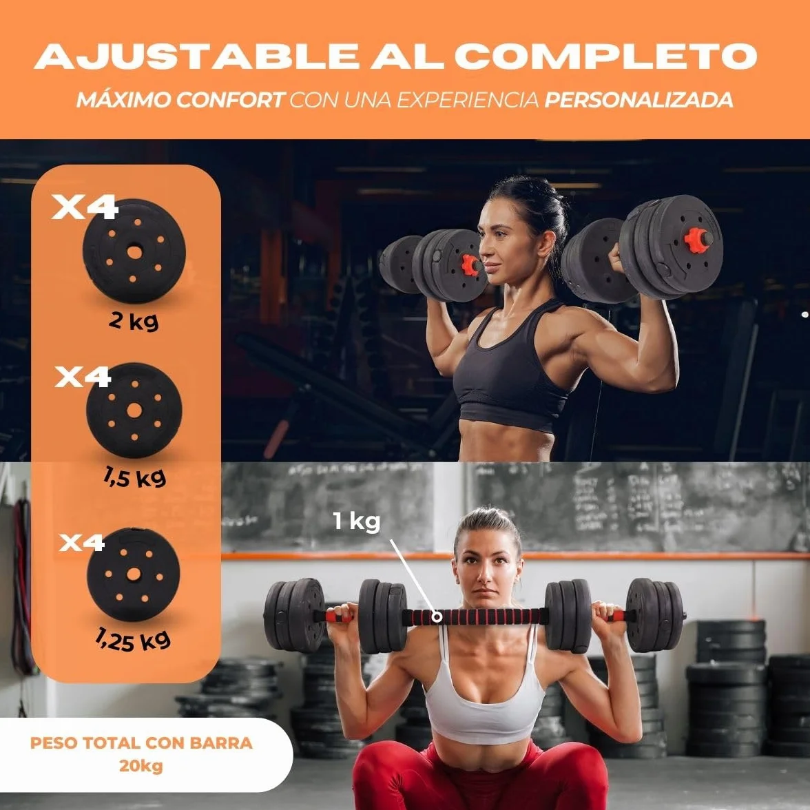 Mobiclinic Mancuernas ajustables 2 en 1 2-30 kg con barra extensión acolchada