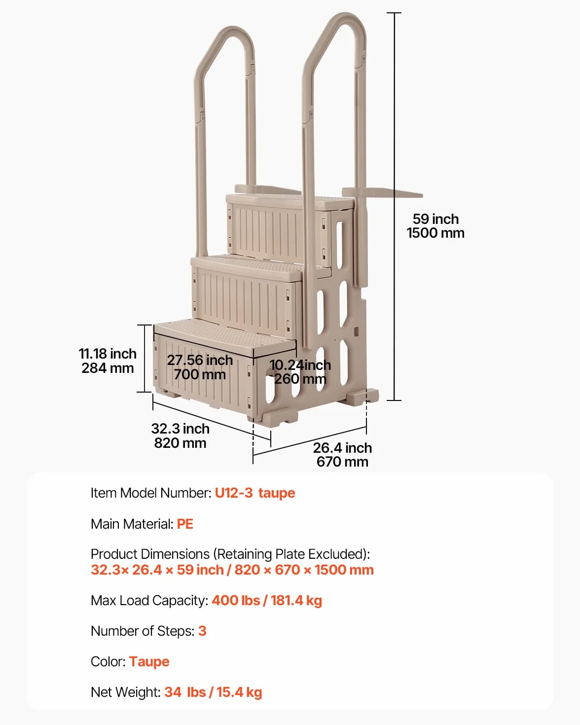 VEVOR Escalera para Piscina, 3 Escalones con Pasamanos Dobles, Capacidad 181,4 kg, 1500 x 820 x 670 mm, Gris Topo