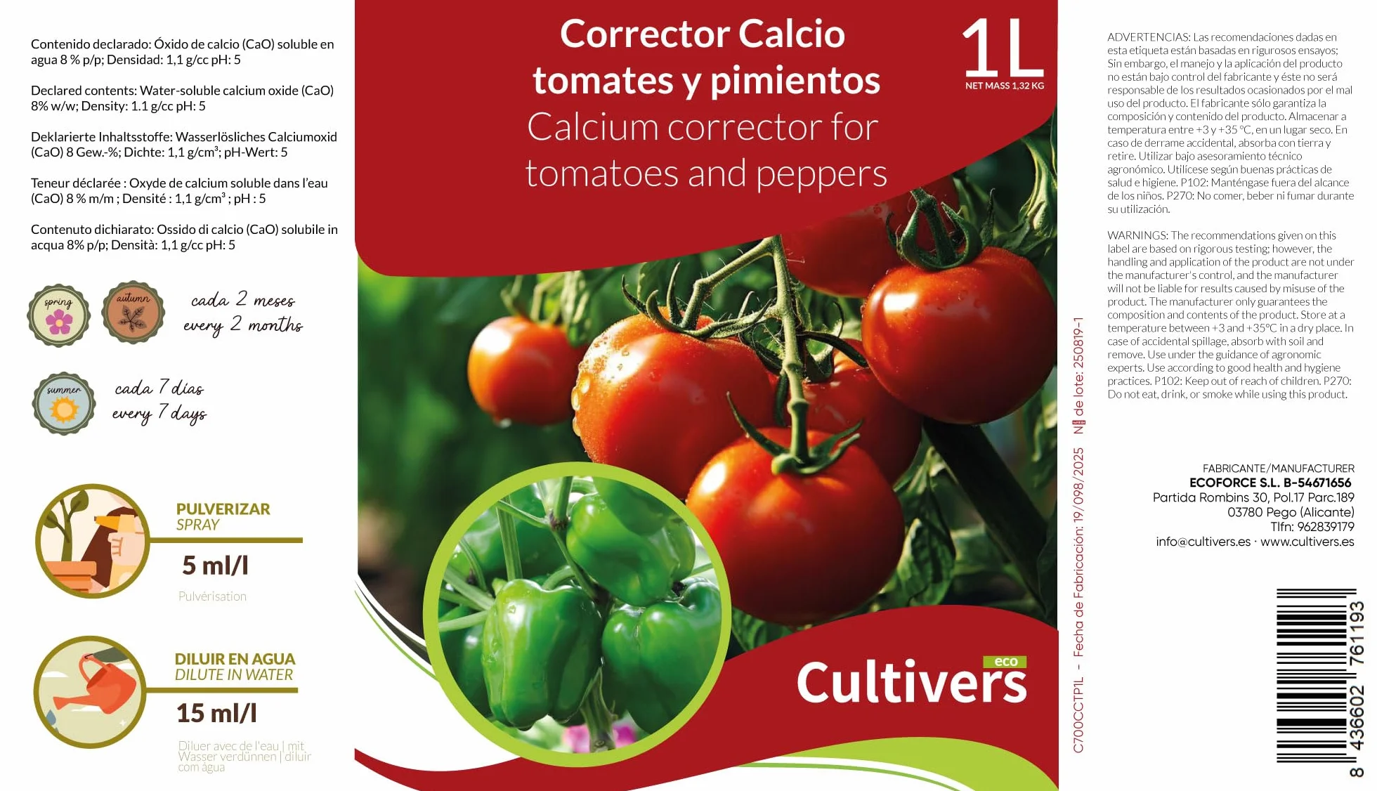 CULTIVERS Calcio Líquido para Tomates y Pimientos 5 L Abono Líquido con Calcio para Cultivos Hortícolas