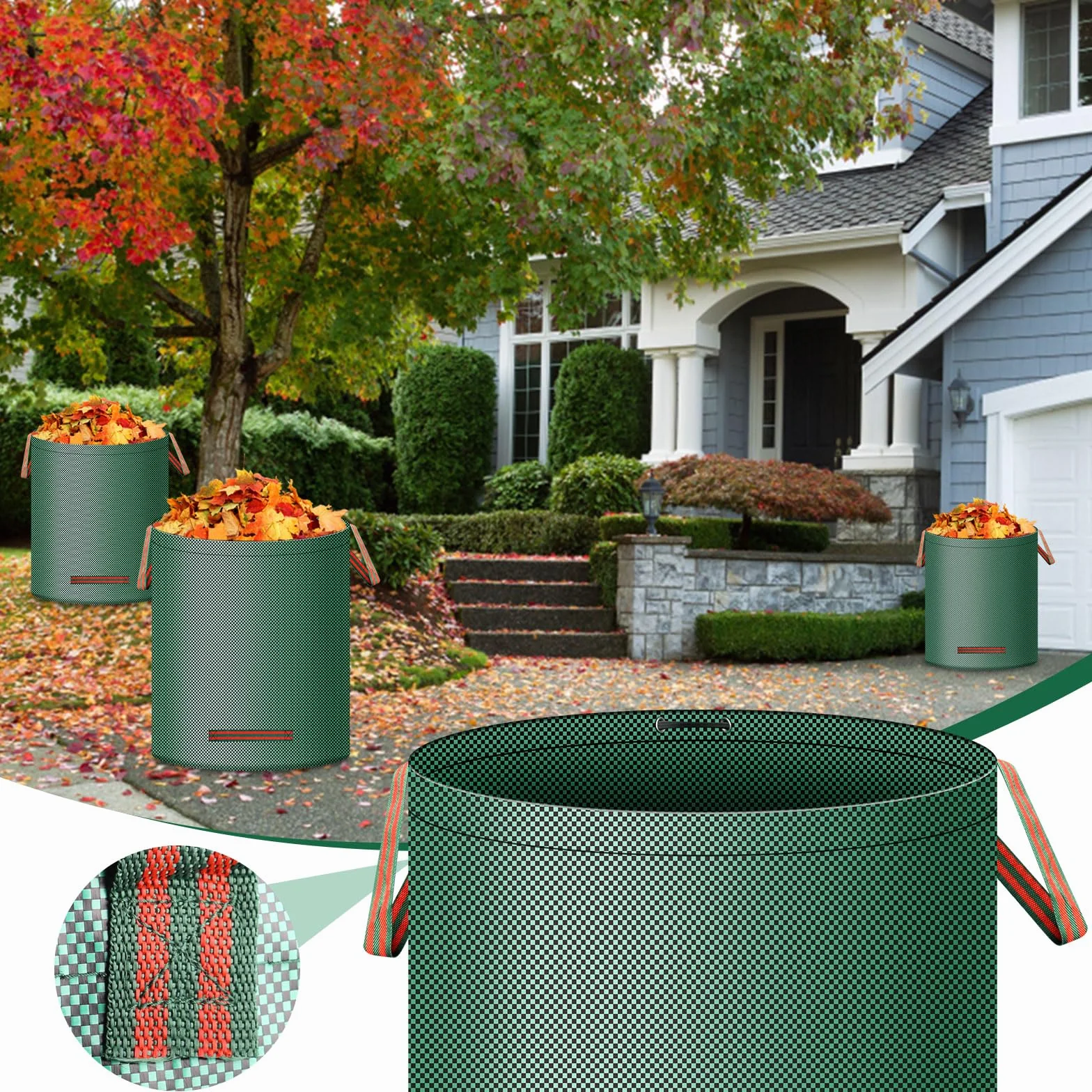 Saco de basura para jardín 3 x 272 L plegable de polipropileno resistente a desgarros