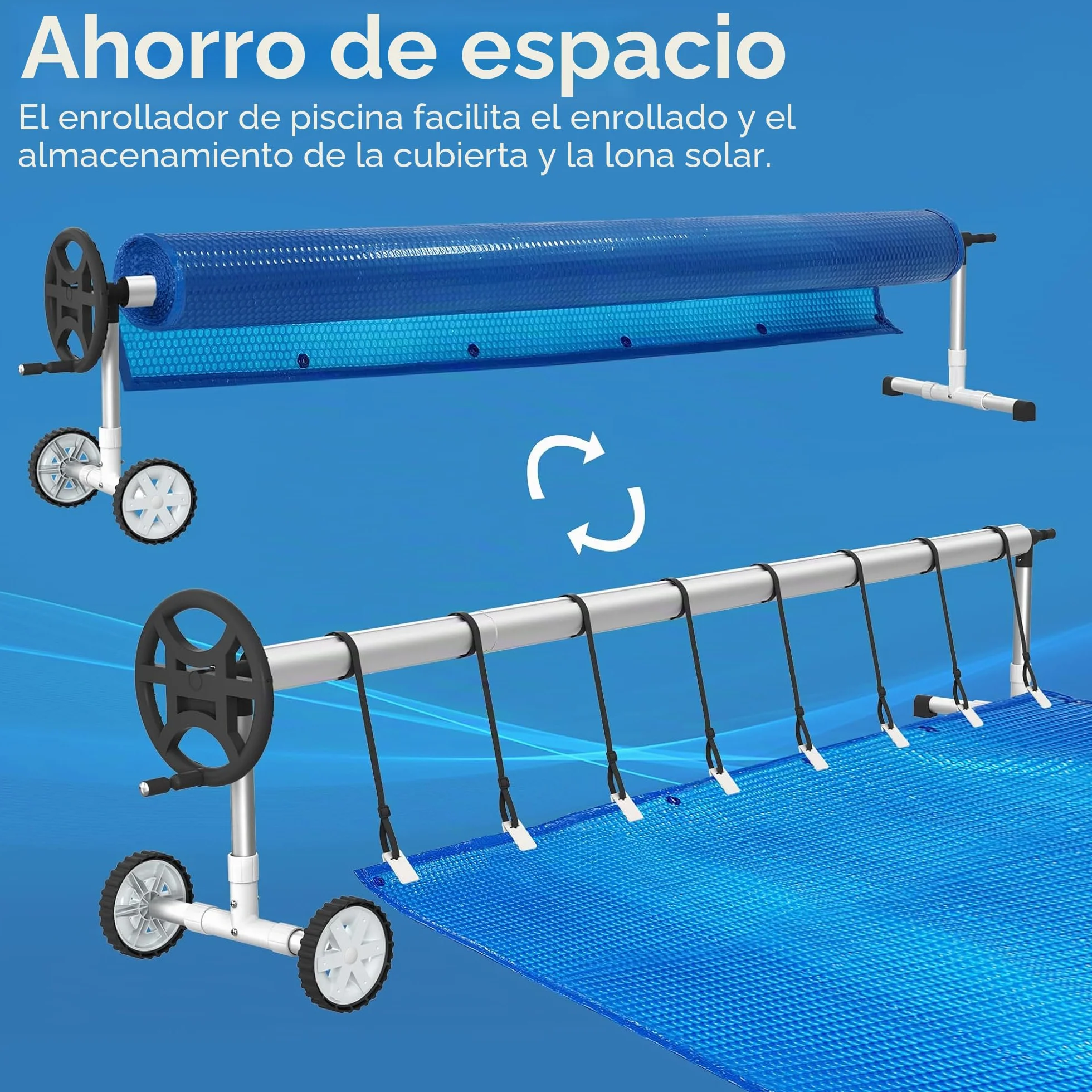 Enrollador para piscina NAIZY Sistema de enrollado 3m-5,7m con cubierta de lámina Móvil, ruedas y clips CR16