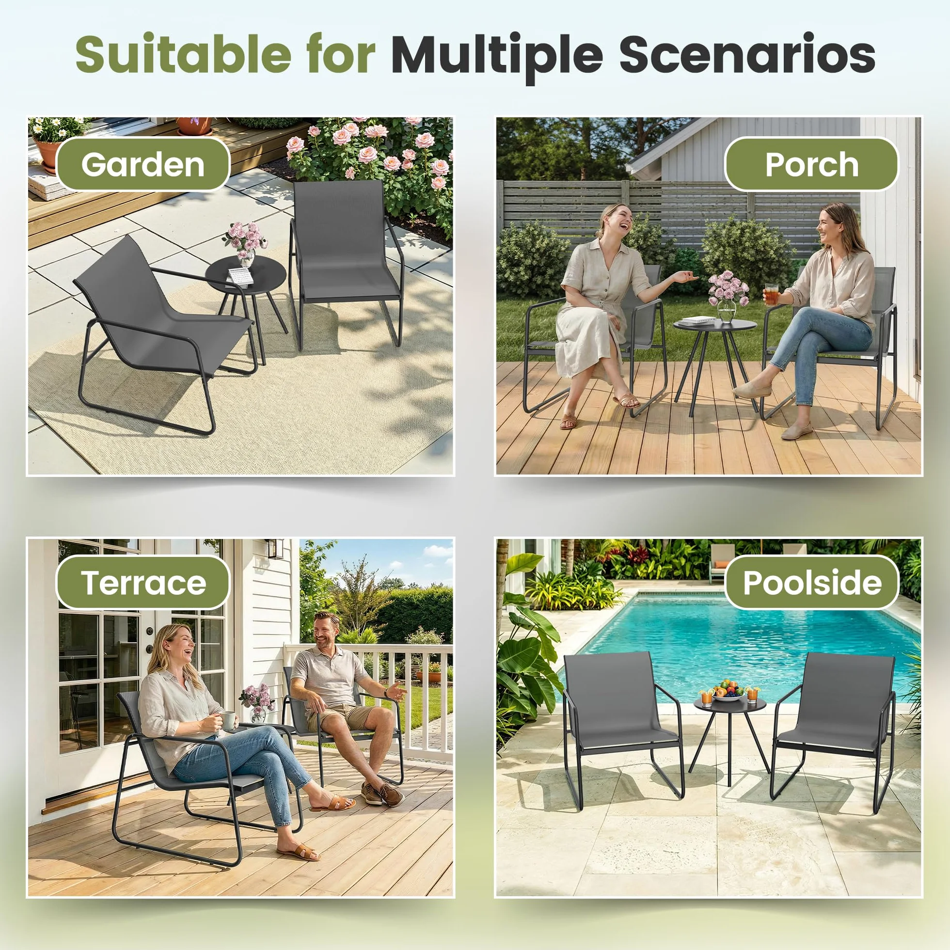 Pamapic Conjunto de Jardín de 3 Piezas, Muebles de Jardín con Mesa y 2 Sillas, Tejido Textilene Transpirable, Gris