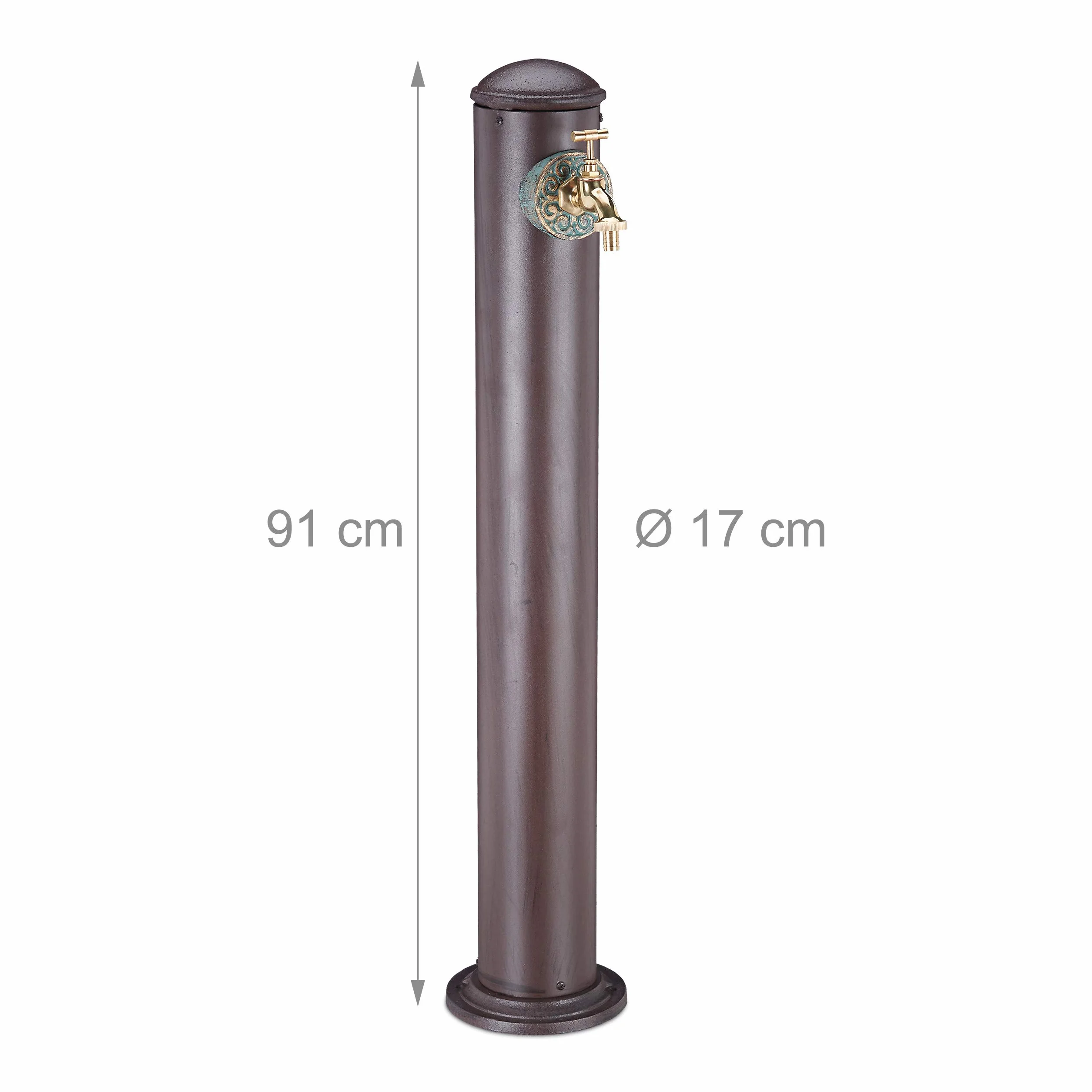 Relaxdays Fuente Jardín de Pie, Diseño Antiguo, con Grifo, Toma 3/4, Columna Redonda, Aluminio, 1 Ud., 91 cm, Marrón