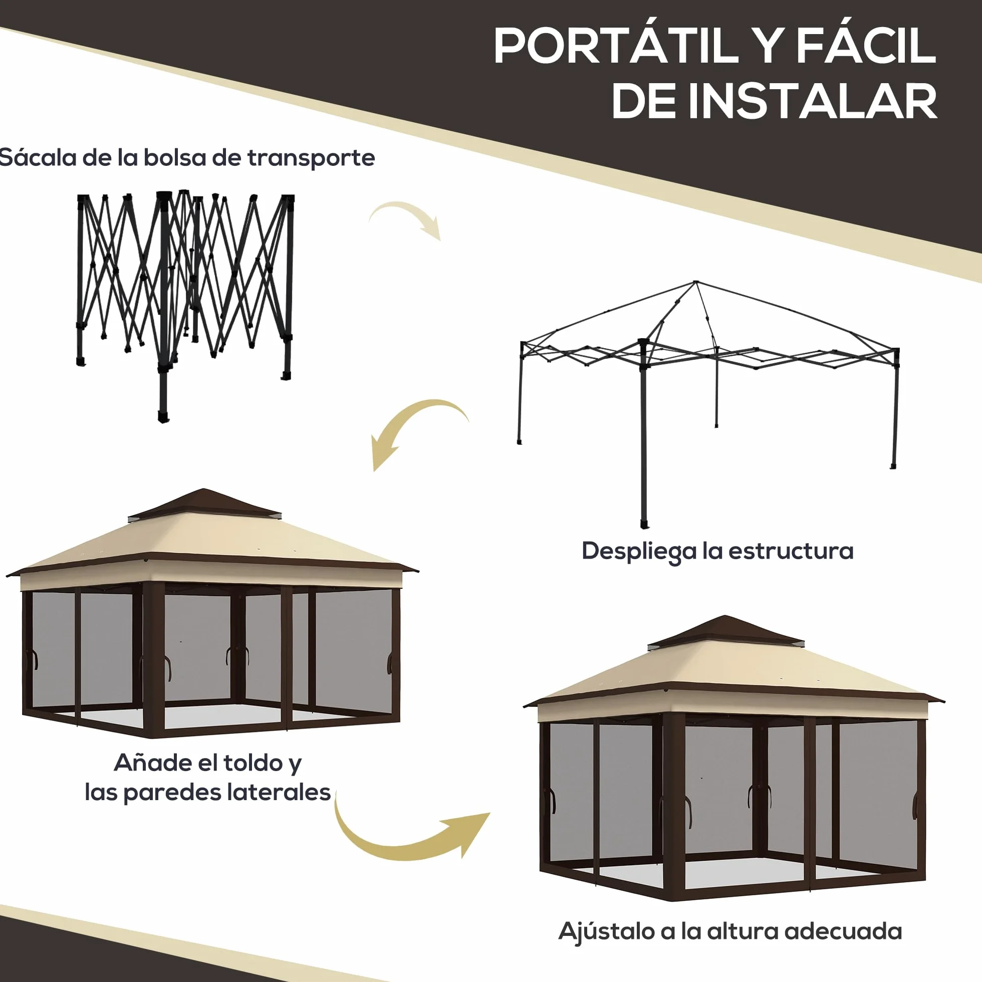 Outsunny Carpa Plegable 3x3x2,7 m Cenador de Jardín con Doble Techo Altura Ajustable 4 Mosquiteras Protección UV30+ Impermeable y Bolsa Gazebo para Exterior Fiestas Camping Beige y Café