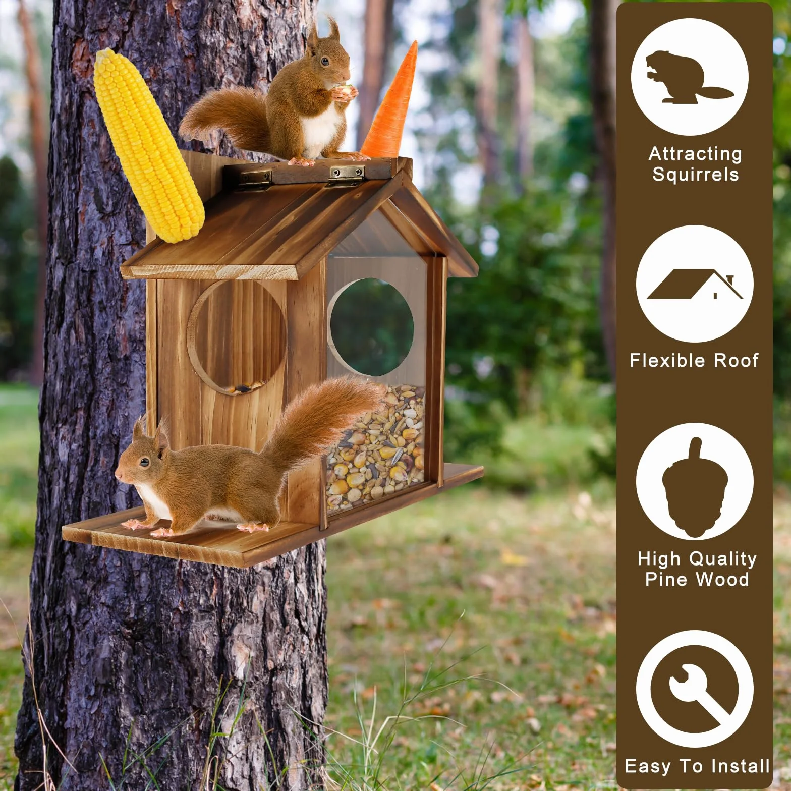 Comedero de ardillas de madera de gran capacidad, estación de alimentación fácil de llenar para cacahuetes