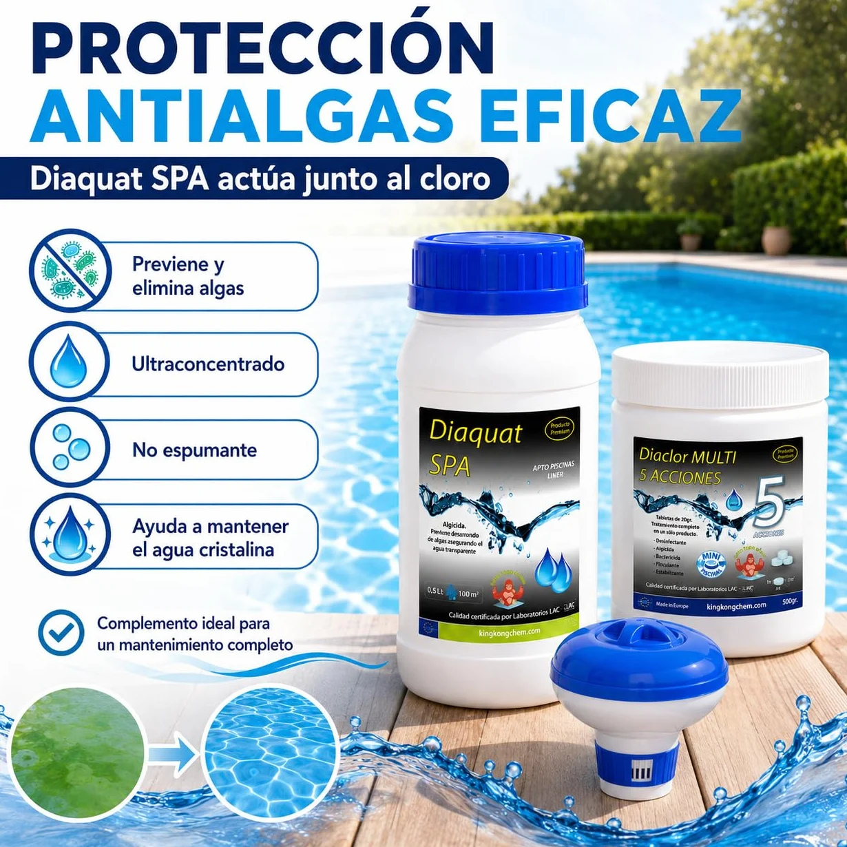 DIACLOR Kit Cloro Piscinas Pequeñas Multi 5 ACCIONES 500 GR Pastillas 20 GR SIN Cobre Antialgas DIAQUAT SPA 500 ML DOSIFICADOR
