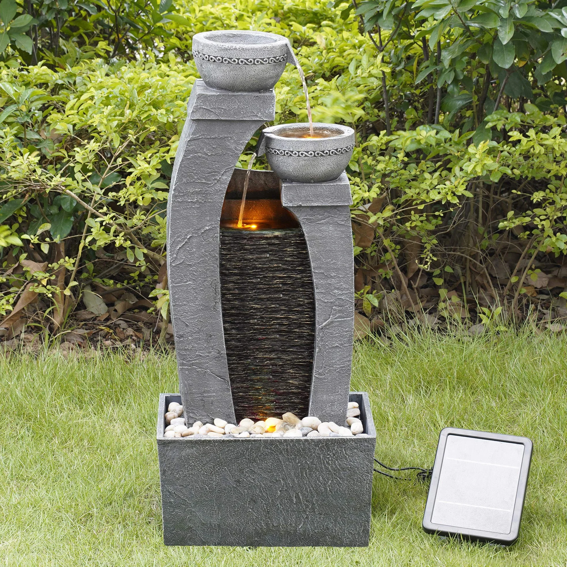 Teamson Home Fuente de Agua Alimentada por Energía Solar con Luces para Jardín y Exteriores, Fuente de Agua en Cascada, Gris Pizarra, Decoración de Interior y Respaldo de Batería