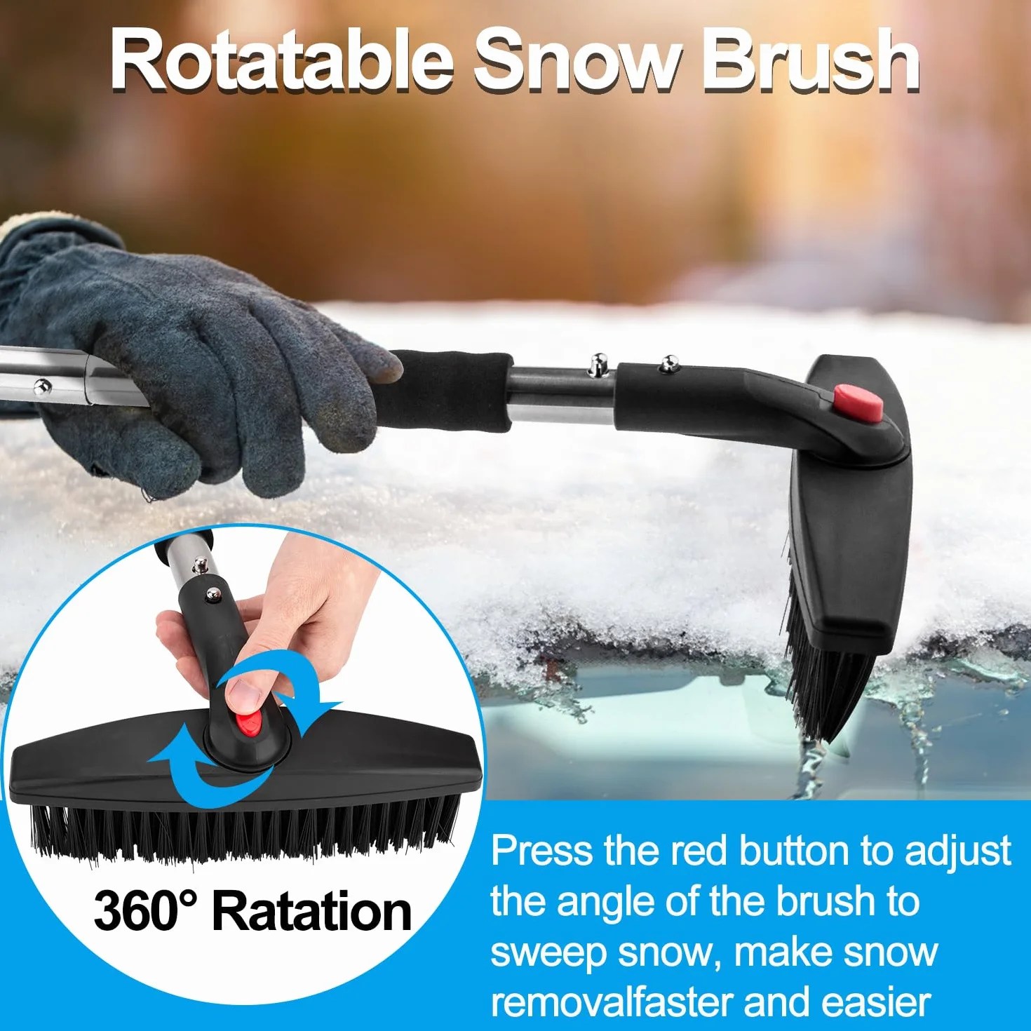 LESOLEIL 3 en 1 Pala de Nieve Plegable con Raspador de Hielo y Cepillo de Nieve, Mango de Acero Inoxidable, Negro