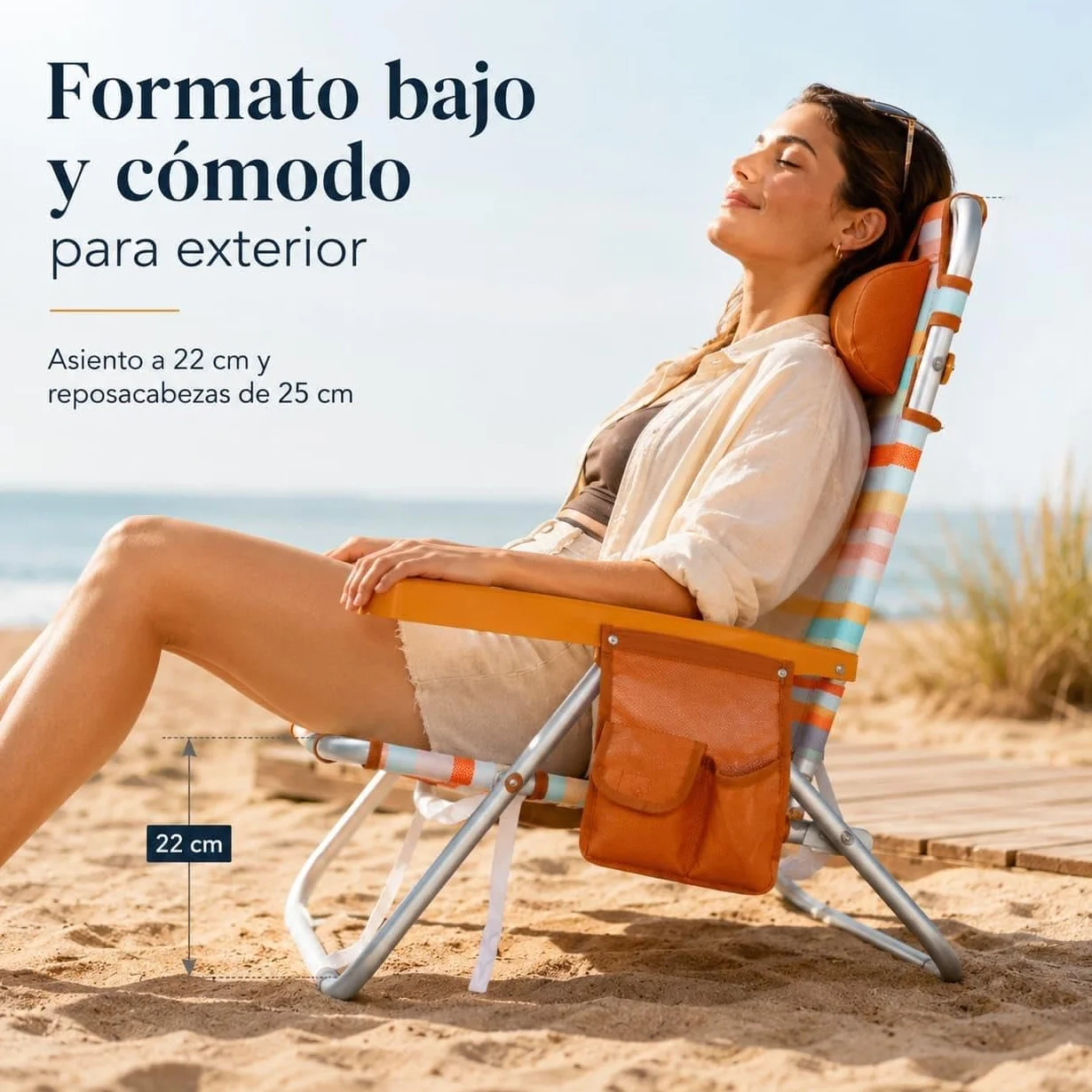 Silla de Playa Plegable Aluminio Reclinable Mochila 22cm Altura Asiento 25cm Reposacabezas Ocre Rayada