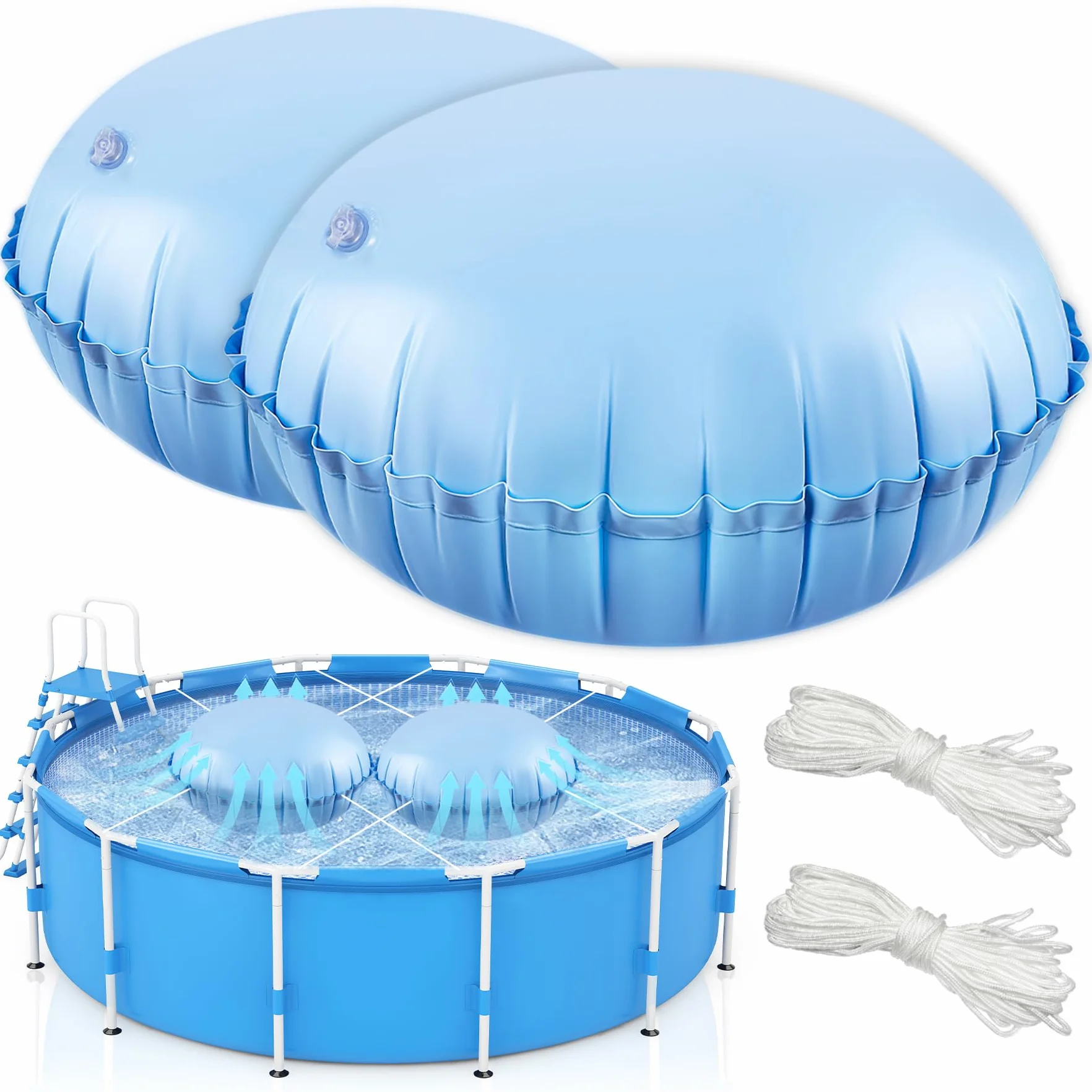 TZEKING 2 Piezas Cojín de Aire para Piscina Redondo con Cuerda de 15 m, Inflable para Piscinas y Spas