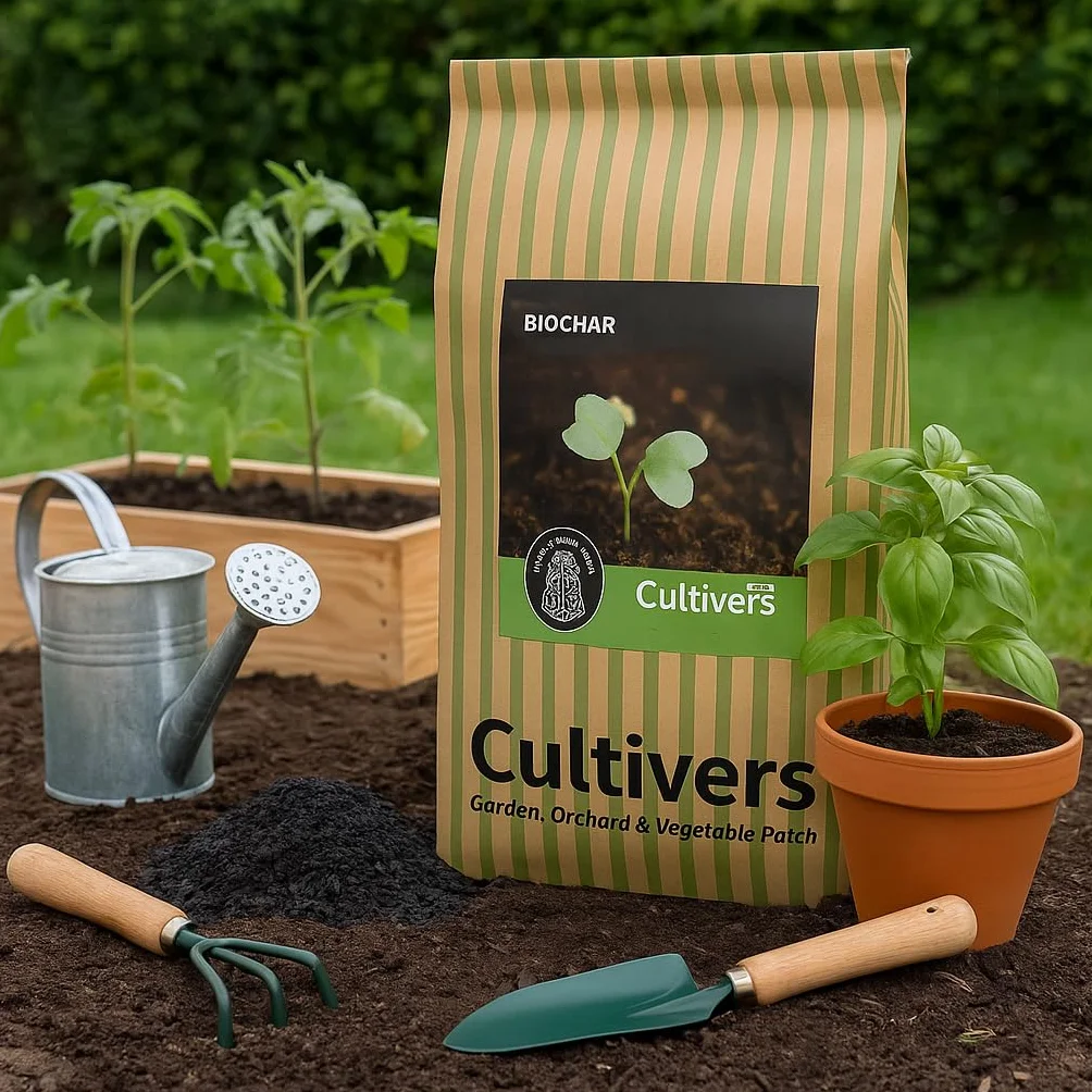 CULTIVERS Biochar Carbón Vegetal 40 L (8kg) Mejorador de Suelo Ecológico para Huerto, Césped, Compost y Plantas