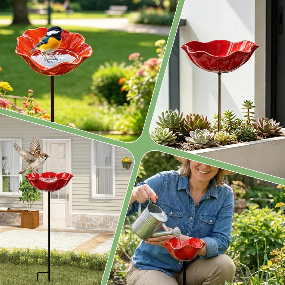 Bebedero para Pájaros de Pie, Baño para Pájaros Exterior, Comedero Forma de Flor, Metal para Jardín (Rojo)