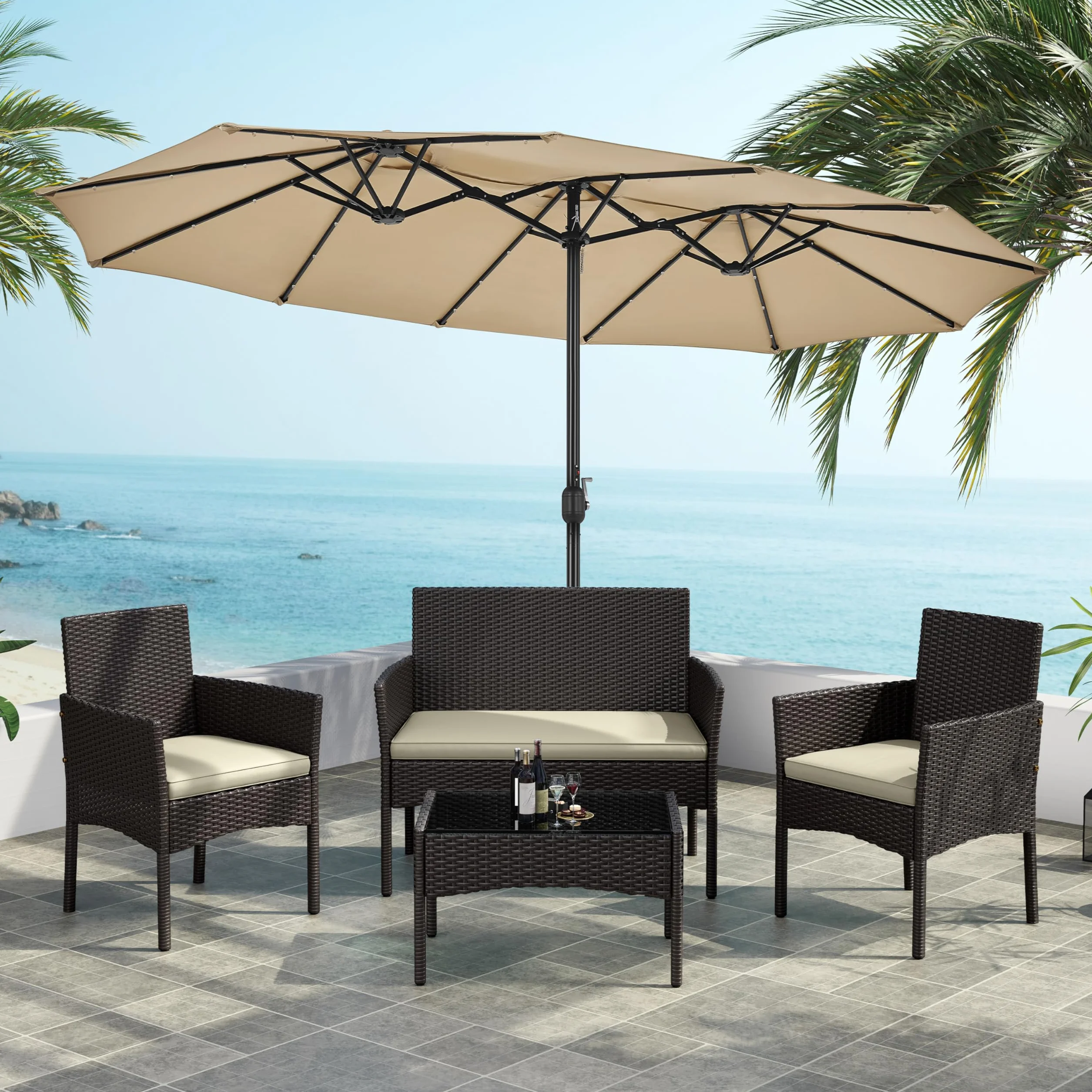 Yaheetech Conjunto de Muebles Ratán de Jardín 4 Piezas con Cojines y Mesa de Vidrio Marrón Beige