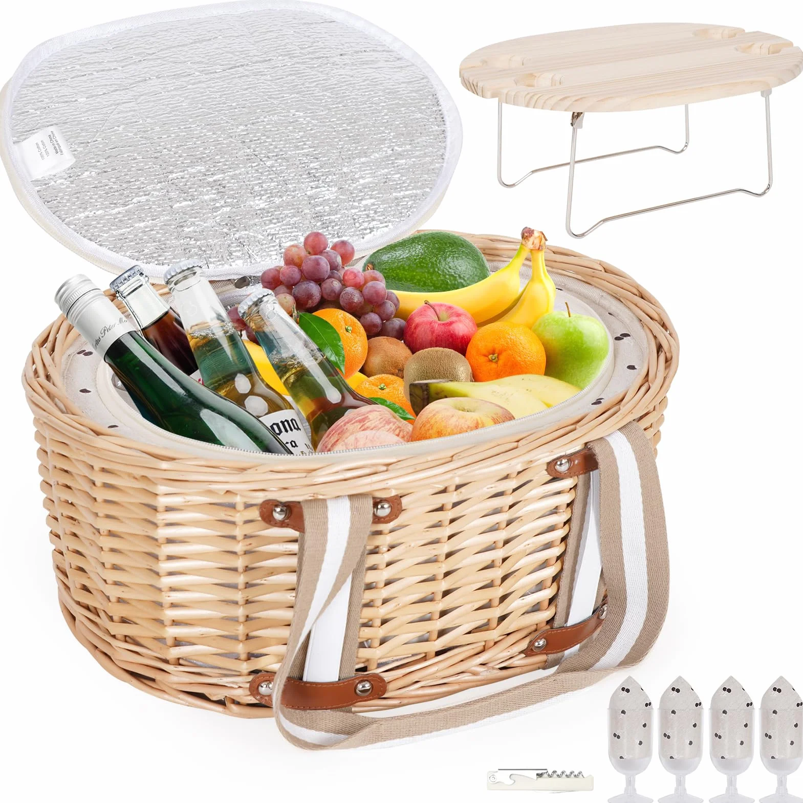 Juego de canasta de picnic para 4 personas, cesta de picnic aislada de mimbre con mesa de vino plegable, kit de picnic de vino con forro para parejas, camping, al aire libre, San Valentín