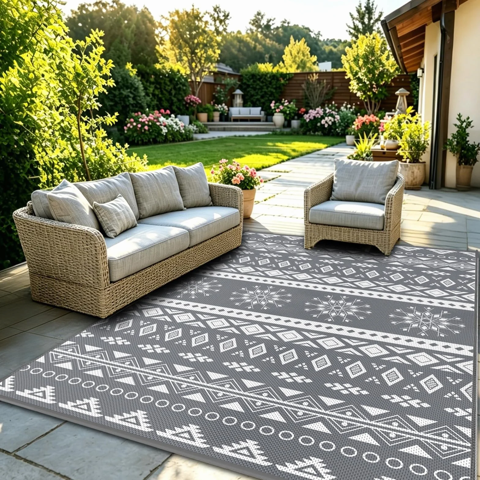 MOKANI Alfombra exterior impermeable reversible 150x240 cm plástico grande UV resistente