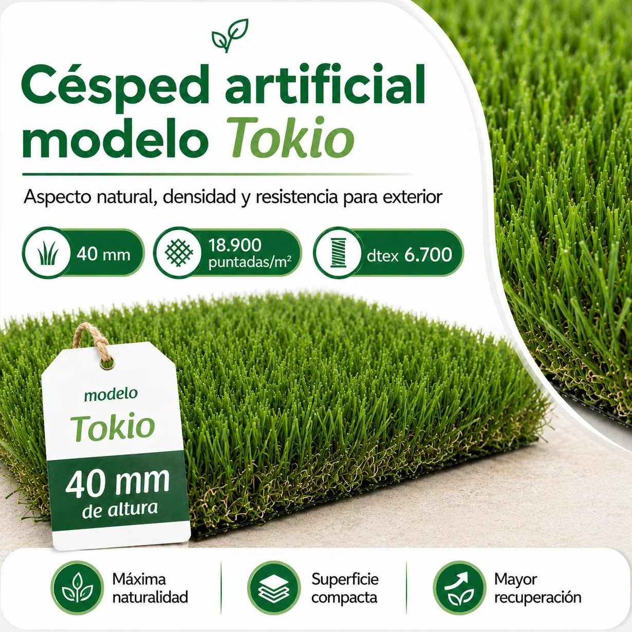 Césped Artificial TOKIO 40 mm 2x5 m Rollo Resistente UV Alta Densidad 18.900 Puntadas Drenaje 800 l/h/m²