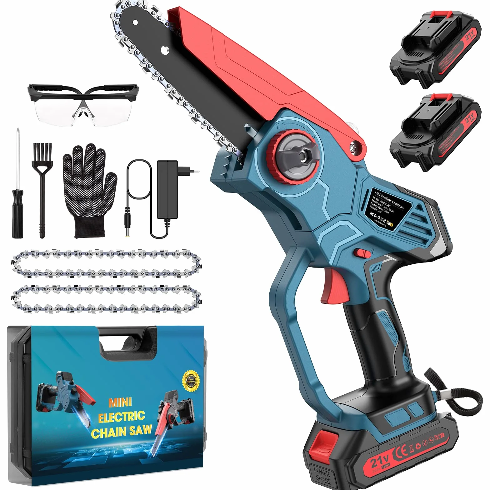 Bogseth Mini Motosierra Bateria 6 Pulgadas, Motosierra Eléctrica, Motosierra de Mano para Ramas, Rboles, Jardín, 2 Baterías, 2 Cadenas