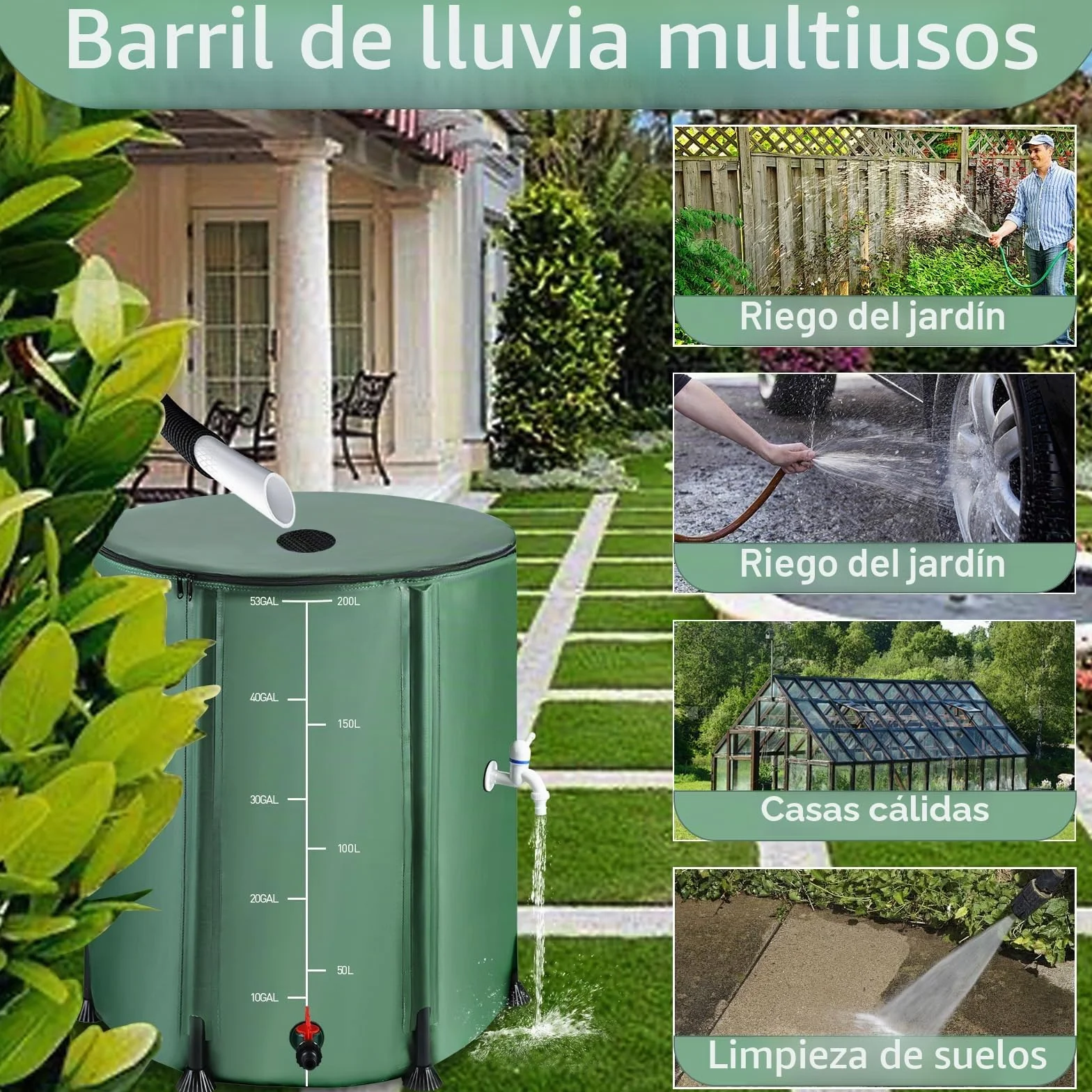 Barril de lluvia plegable 53 galones 200 L Oxford 1000D con kit de recogida