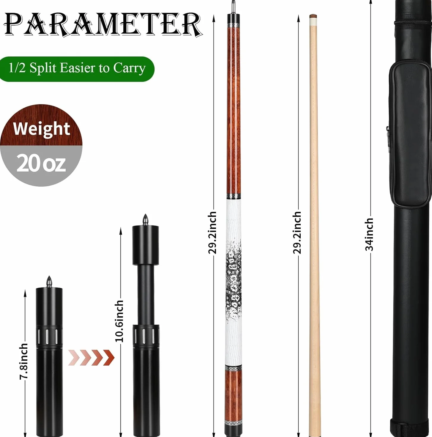 AKLOT Palos de Billar Profesional Taco Extensión Telescópica Madera de Arce Canadiense 147cm 58 Pulgadas 538-590g 19-21 onzas Estuche