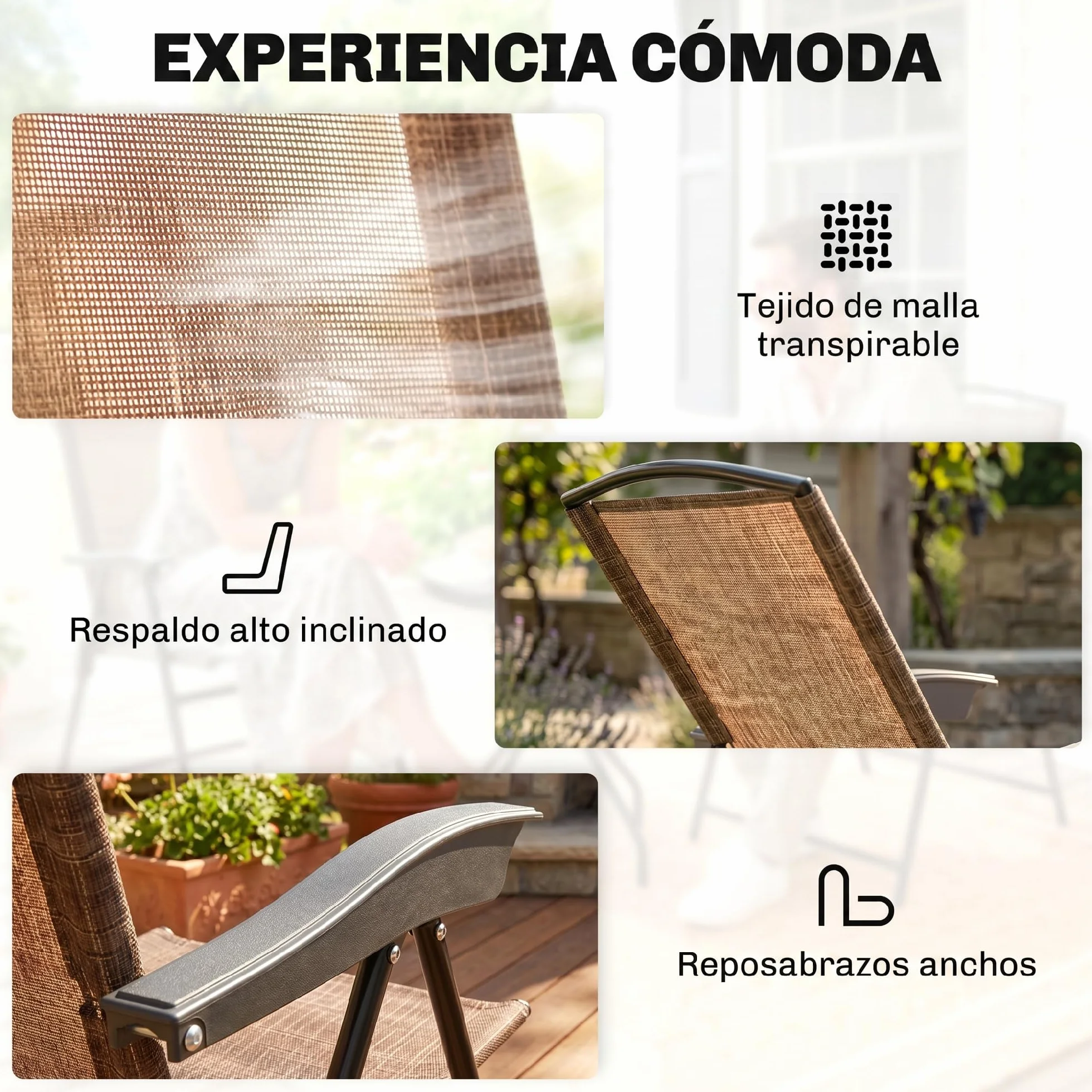 Outsunny Conjunto Mesa y 2 Sillas Jardín Exterior Plegable Respaldo Reclinable 4 Niveles Texteline Acero Marrón