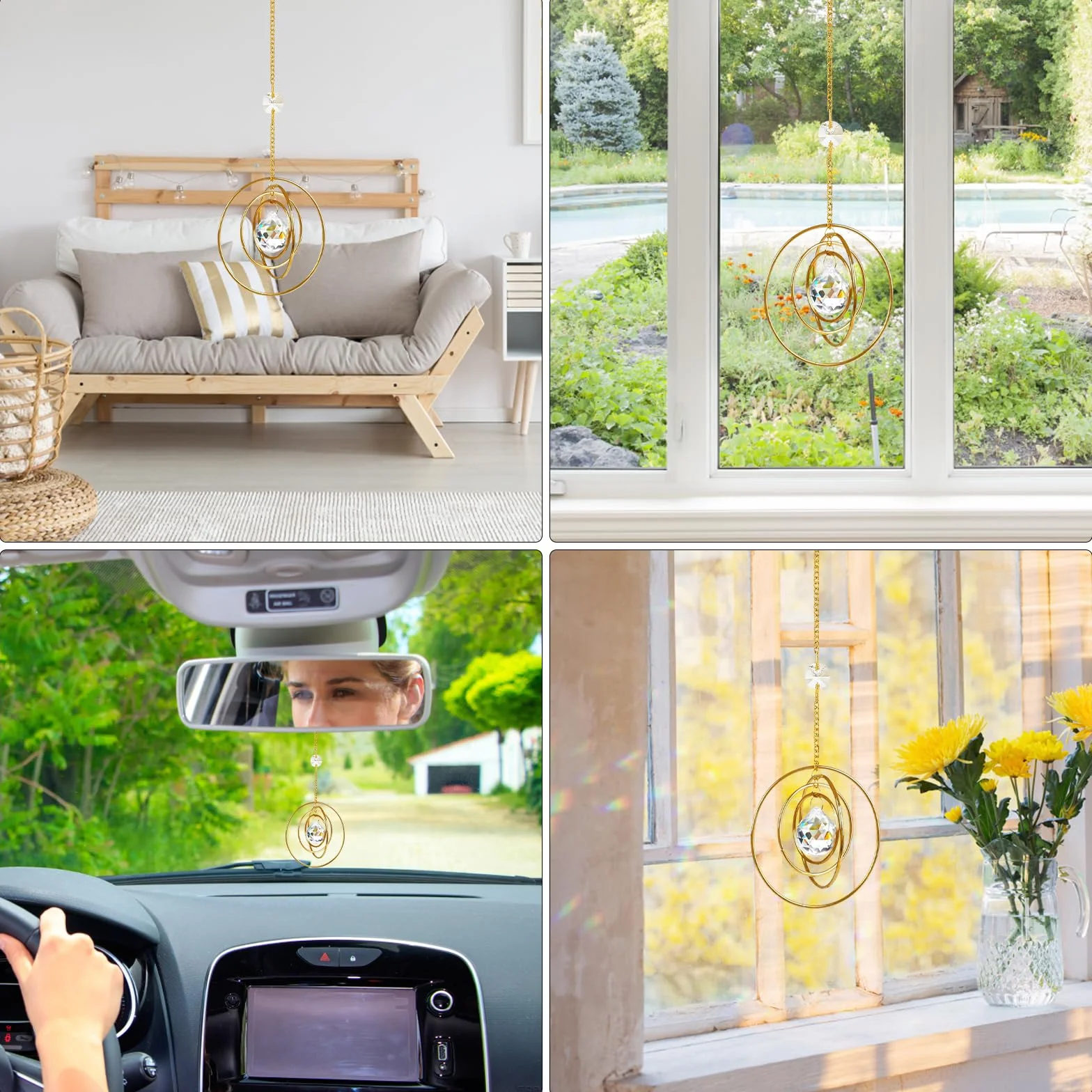 Captador de sol de cristal arco iris prismas decoración ventana colgante 4 círculos latón