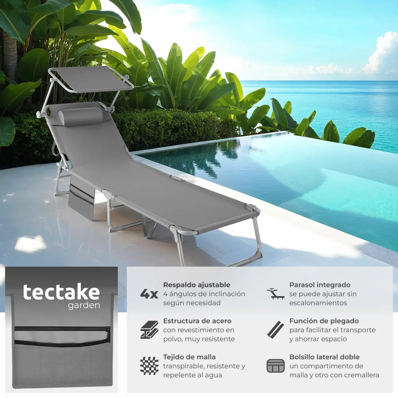 Tectake Tumbona Jardín Exterior Acero Plegable Reposacabezas Parasol Bolsillo Lateral Reclinable 6 Posiciones Resistente Intemperie Gris