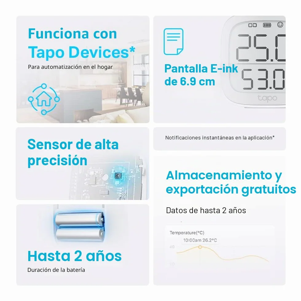 Tapo Termómetro inteligente WiFi higrómetro pantalla LCD batería incluida Alexa Google