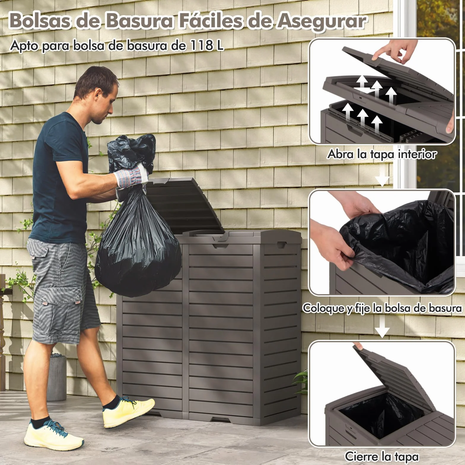 COSTWAY Cubo de Basura Exterior 118L Doble Impermeable con Tapa Escalonada 77x40x86 cm Marrón