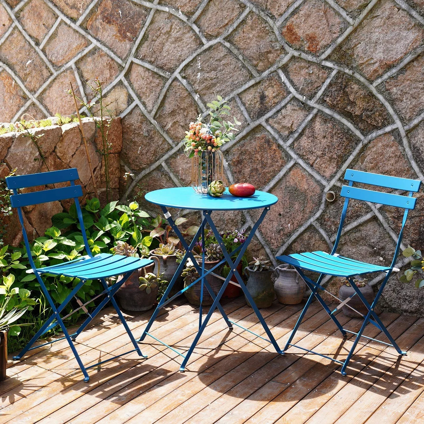 Grand patio Conjunto de Bistró Set 2 Sillas 1 Mesa Plegable Acero Premium (Azul eléctrico)