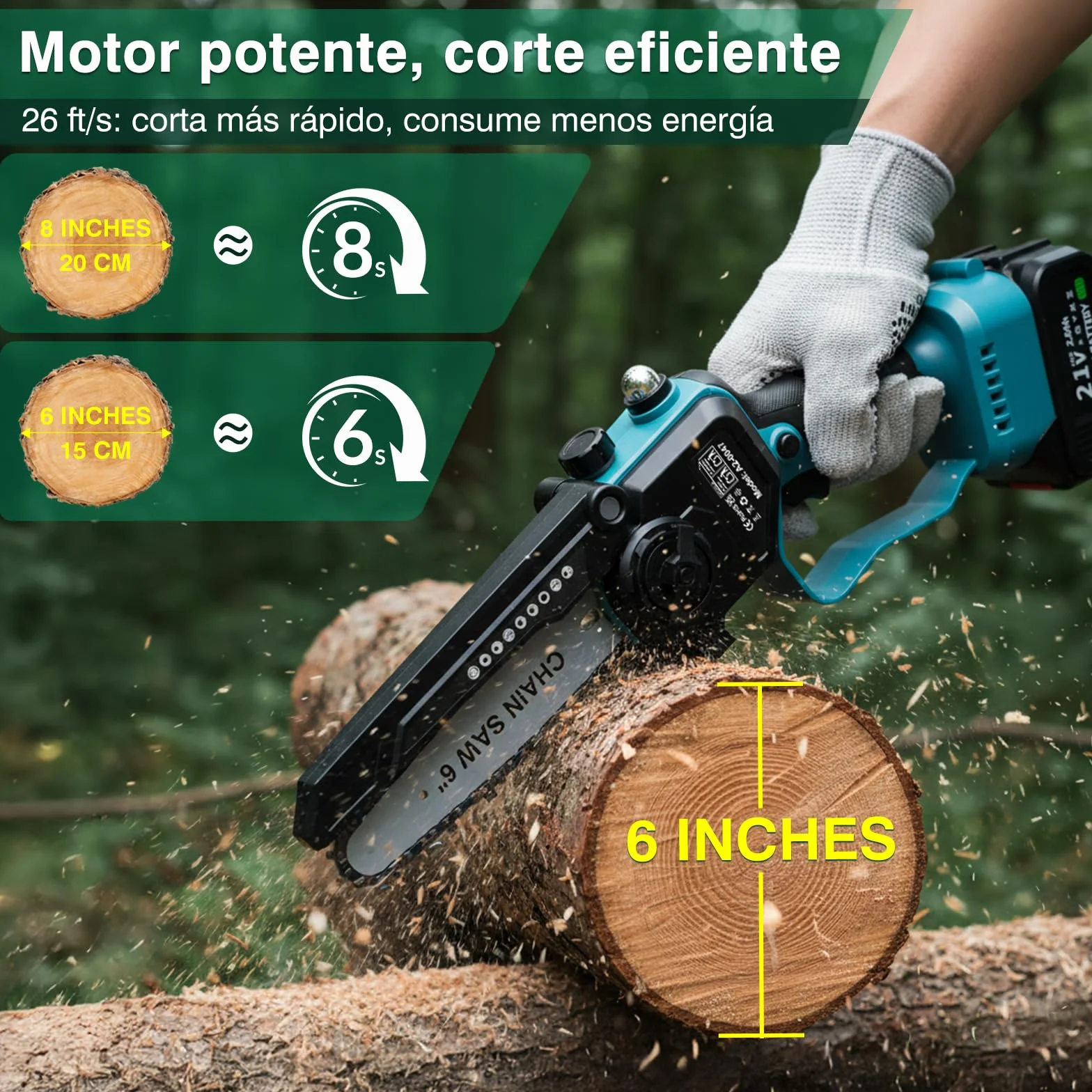 Motosierra a batería 6" - Motosierra de una mano con juego de 8" (2 en 1), engrasador automático, tensión de cadena sin herramientas, maletín, 2 barras guía y 2 cadenas con cubrecuchillas, sin batería