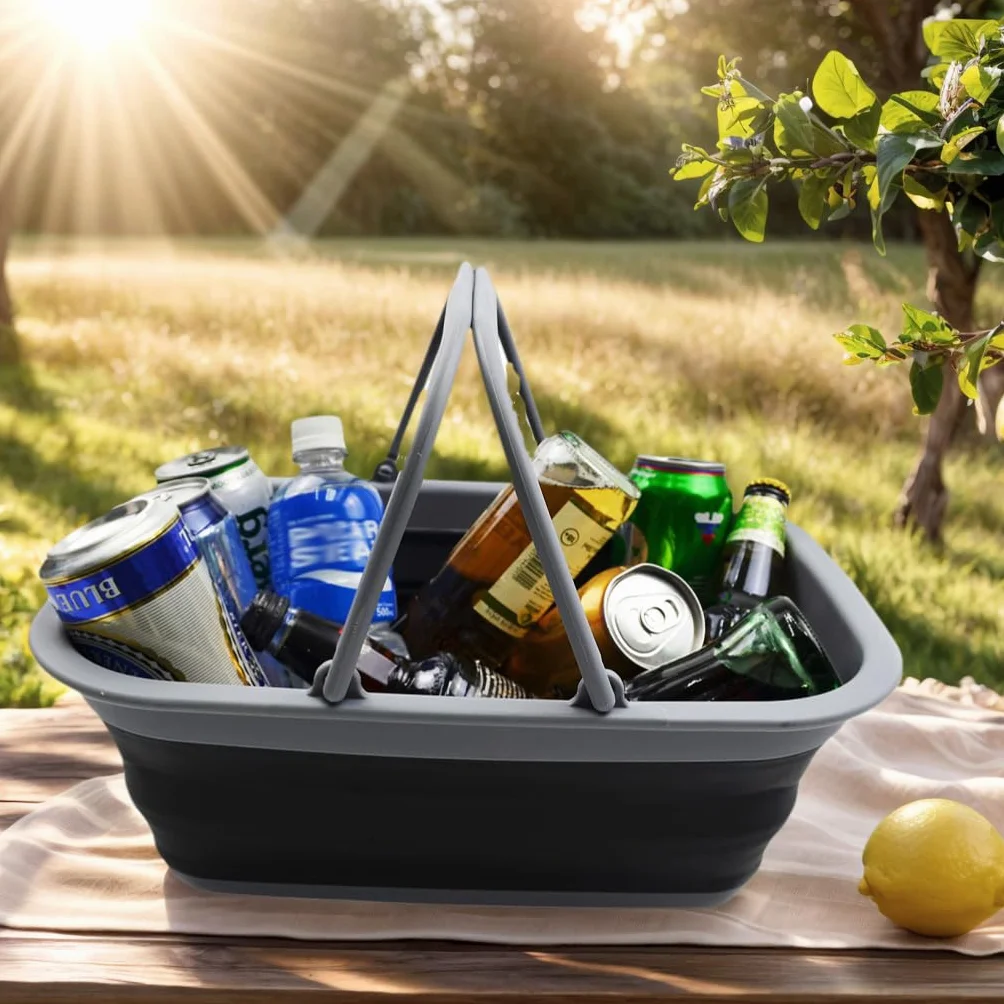 SAMMART Bañera plegable de 9.2 L con asa, cesta portátil de picnic al aire libre, bolsa de compras plegable, contenedor de almacenamiento para ahorrar espacio (negro y azul, 2)