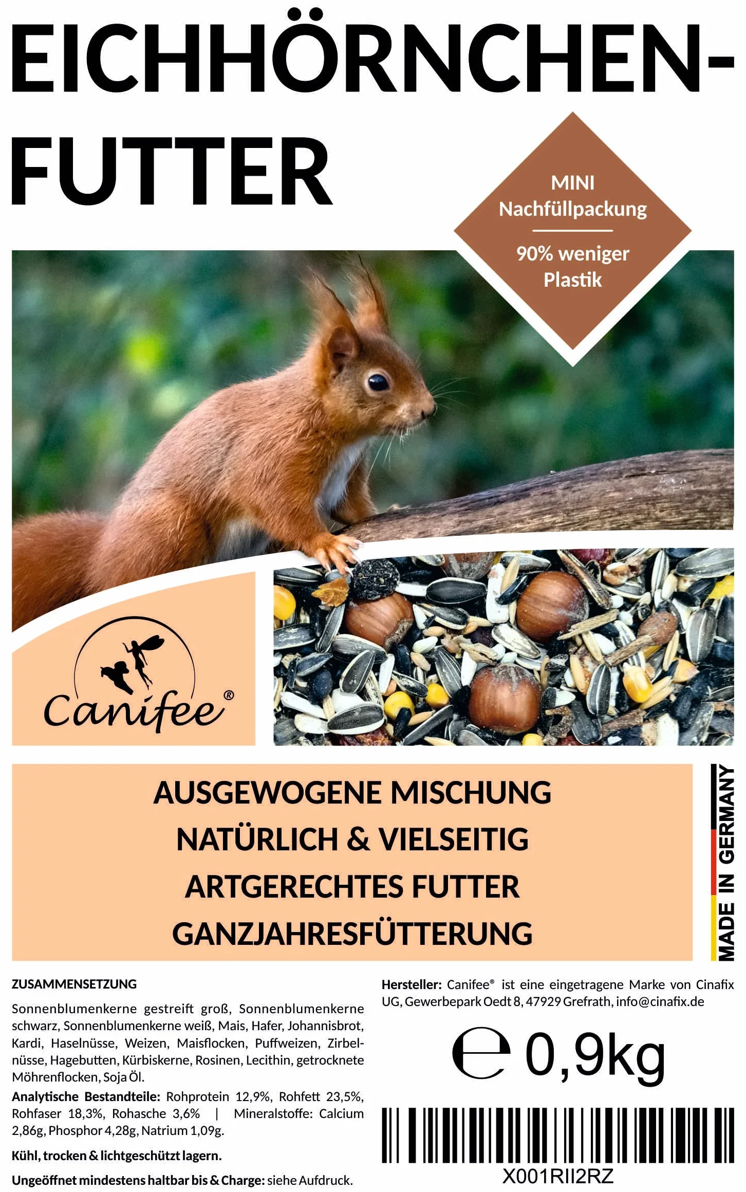 Alimento para Ardillas 0,9 kg, Mezcla Natural con Extra de Avellanas, Mini Paquete de Recarga