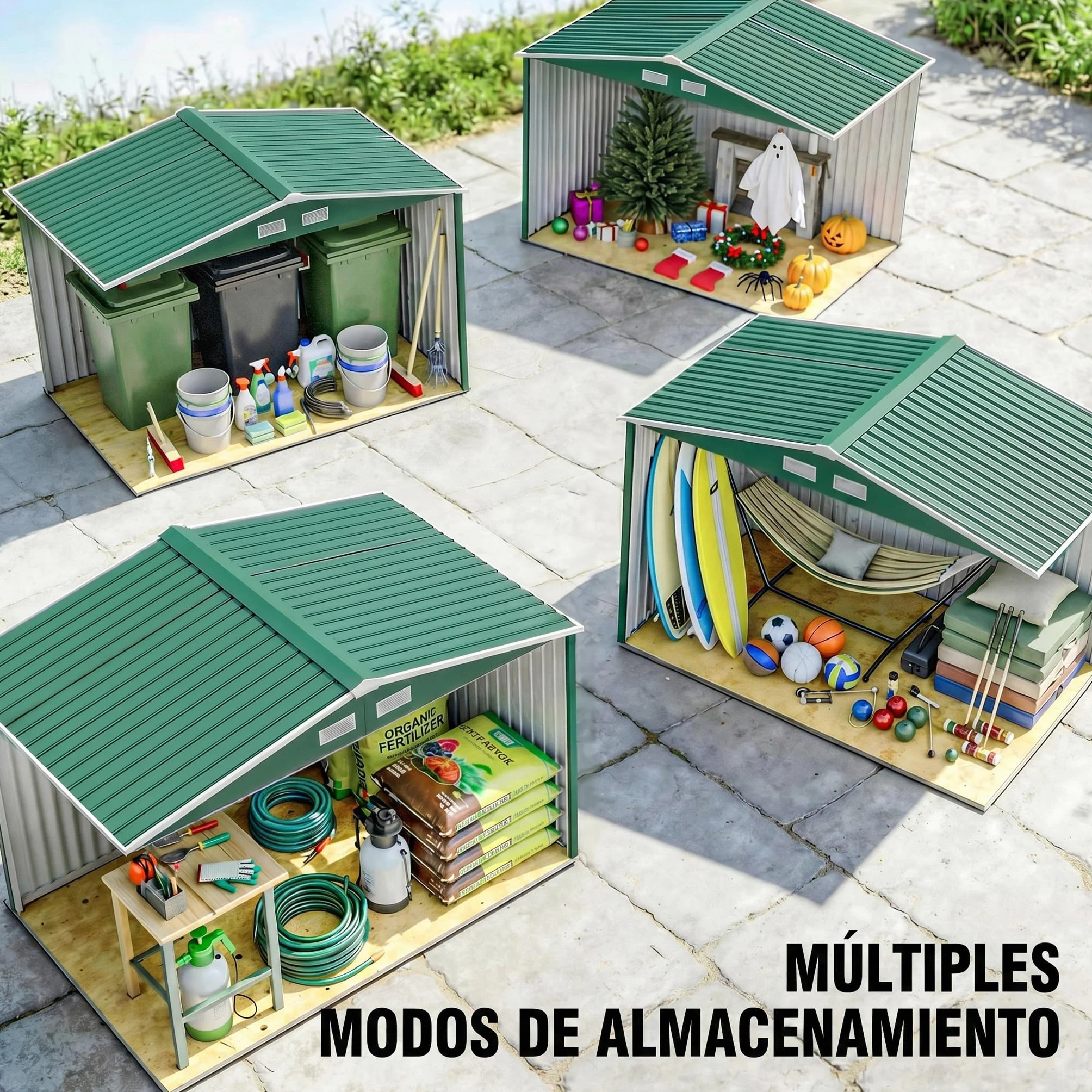 Outsunny Caseta de Jardín Exterior 4,9 m², 277x195x192 cm, Cobertizo Metálico con Puerta Corredera, Verde Oscuro