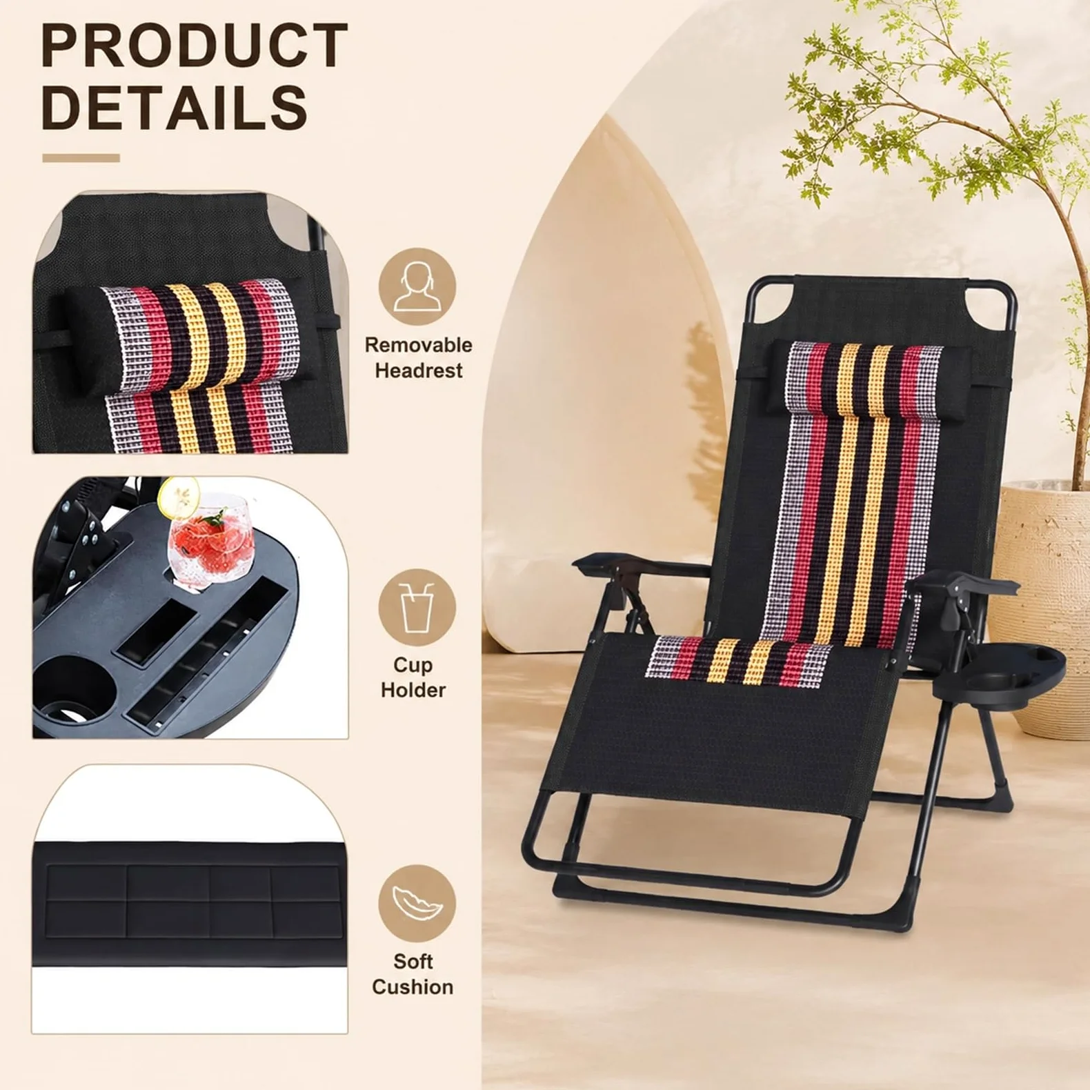 Tumbona plegable con cojín lumbar de una pieza, silla ergonómica para tumbona, respaldo ajustable, para exteriores, hasta 150 kg, silla de jardín para jardín, piscina, balcón y terraza (gris-1 unidad)