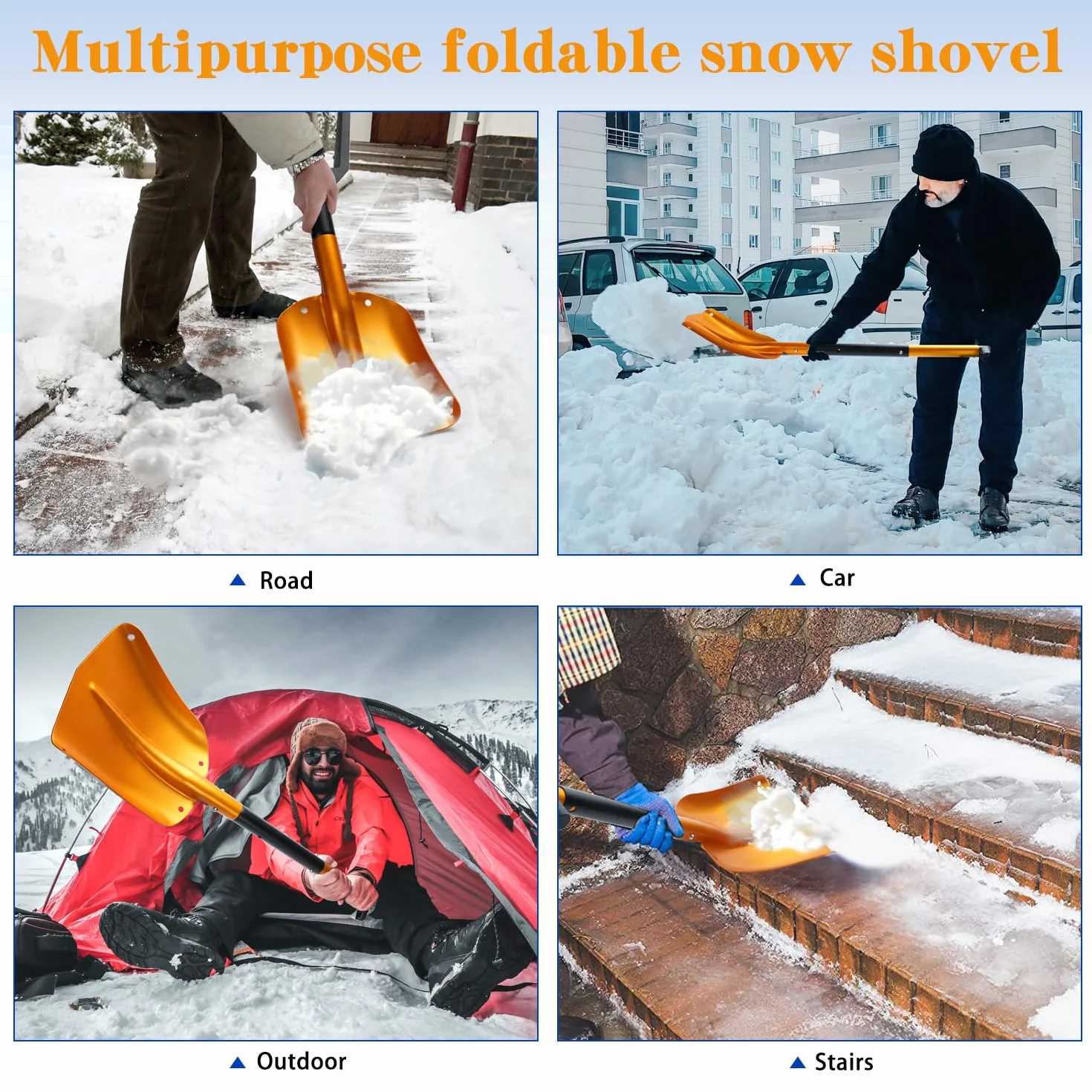 Pala de nieve plegable 4 en 1 de aluminio, 40 x 30 cm, desmontable con bolsa para emergencias