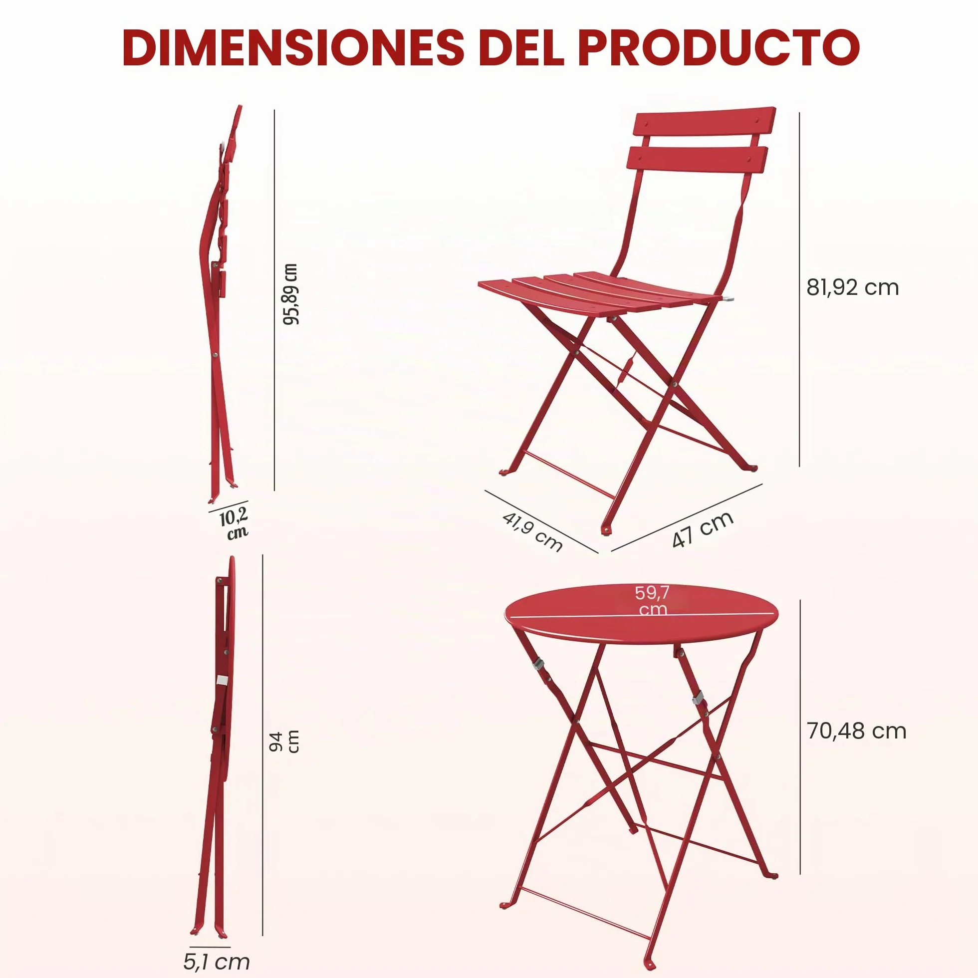 Grand patio Conjunto de Bistró 2 Sillas 1 Mesa Plegable Acero Premium Rojo