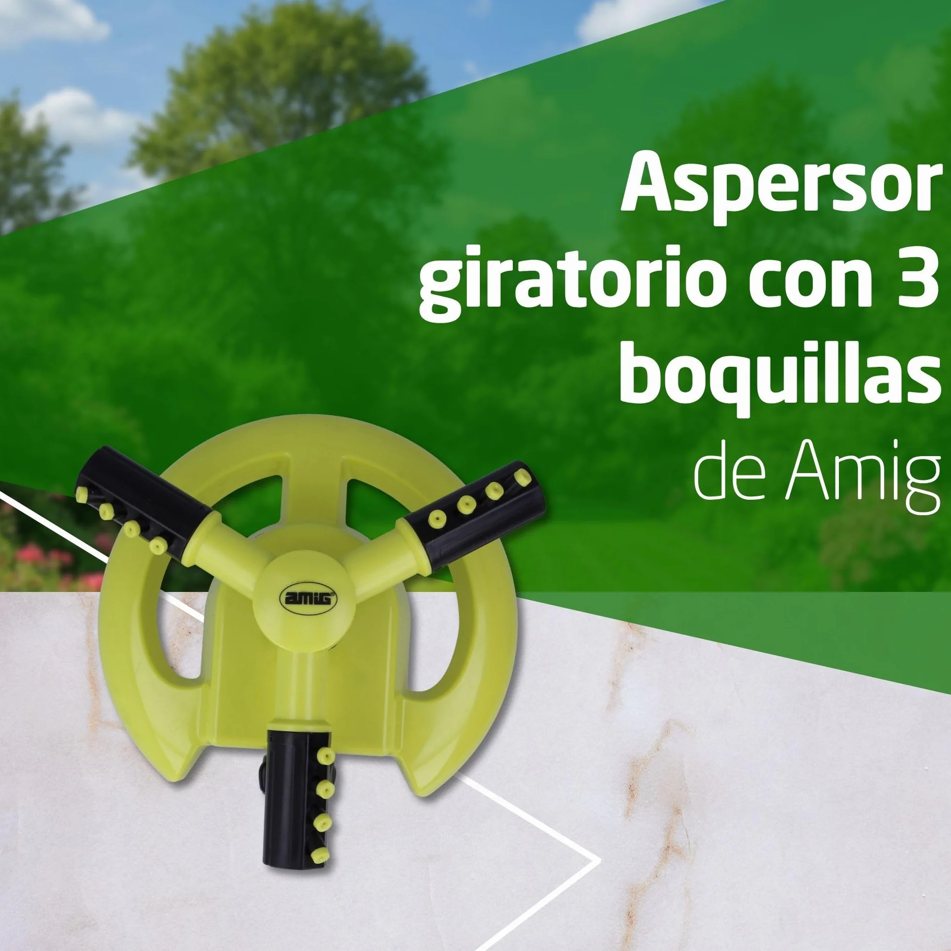 Amig Aspersor Giratorio 3 Boquillas Ø200 x 100 mm 3 Brazos Giratorios Conector Rápido 63,5 m² Plástico ABS Verde Pistacho Negro