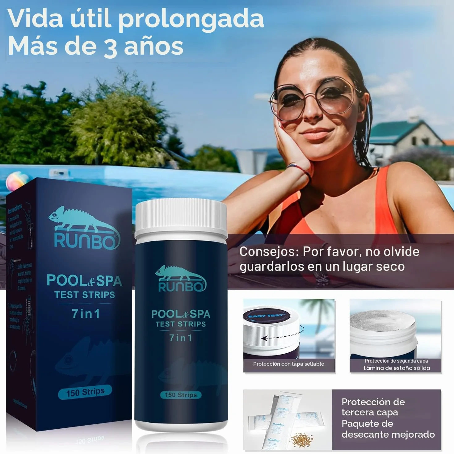 RUNBO 150 Tiras Reactivas de Prueba Piscina y Spa 7 en 1, Tiras Para Bañera de Hidromasaje pH Prueba, Alcalinidad, Dureza Total, Medidor Cloro Libre, Acido Cianurico,Cloro y Bromo