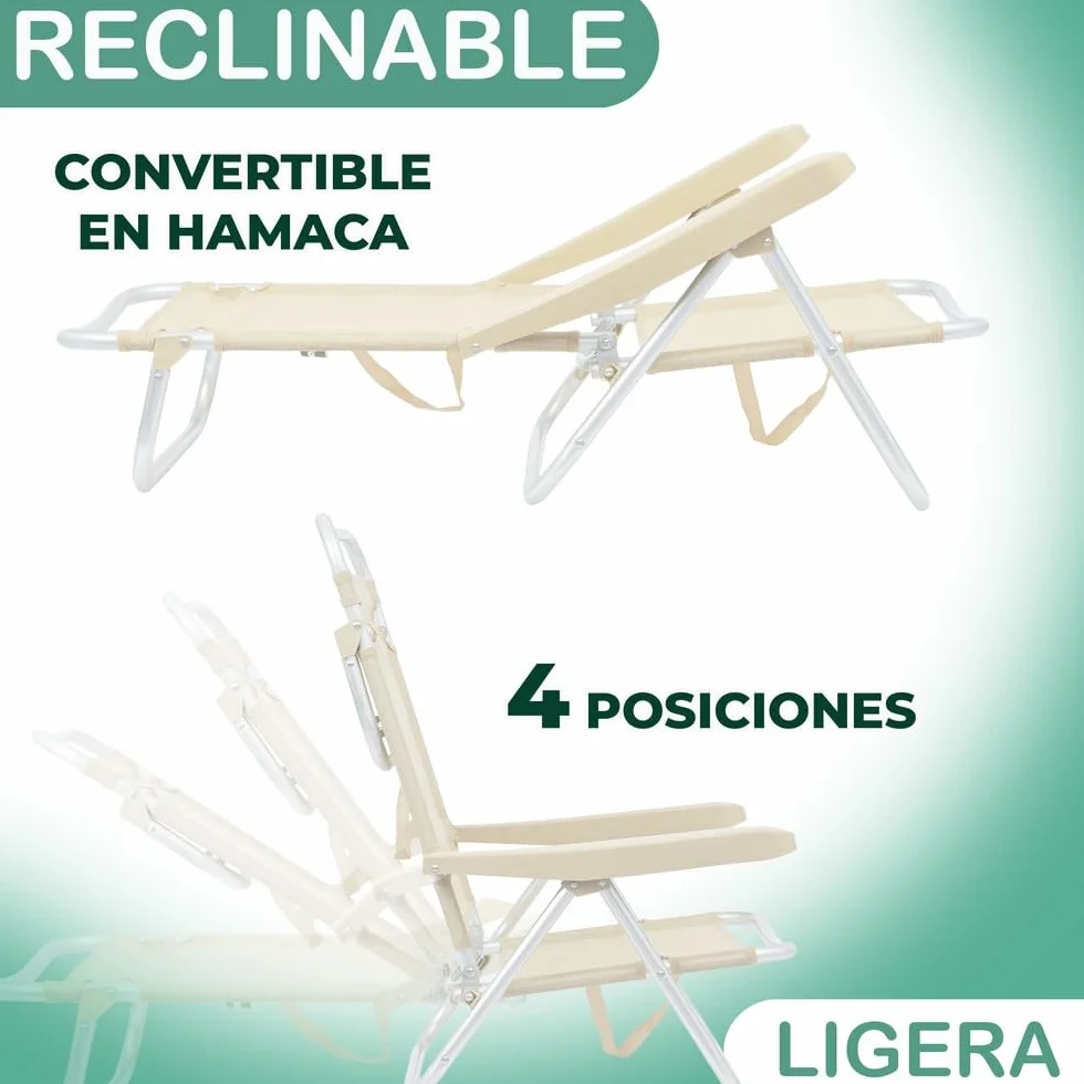 LOLAhome Sillas Playa Plegables Beige Aluminio 4 Posiciones Respaldo Textileno Transpirable
