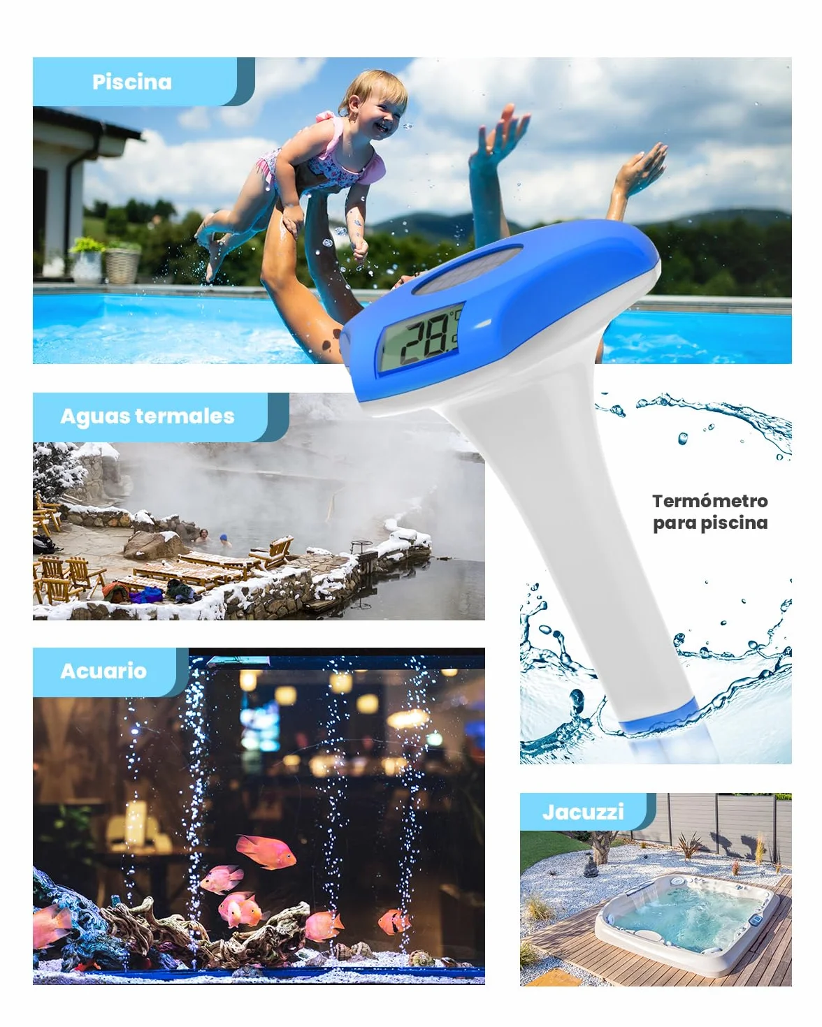 BALDR Termómetro Piscina Flotante Solar Pantalla Digital IPX8