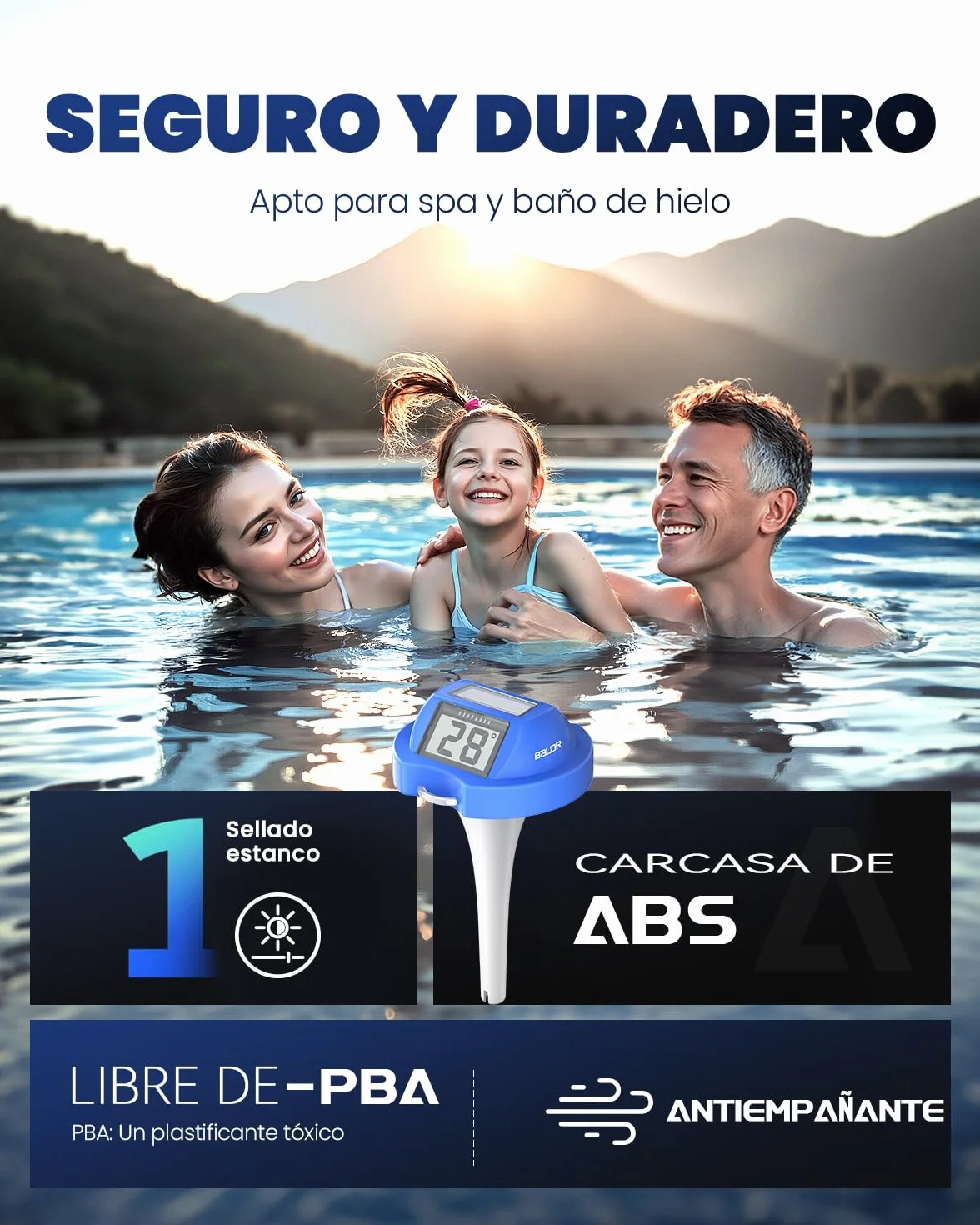 BALDR Termómetro piscina solar flotante IPX7 impermeable doble pantalla antirreflejos