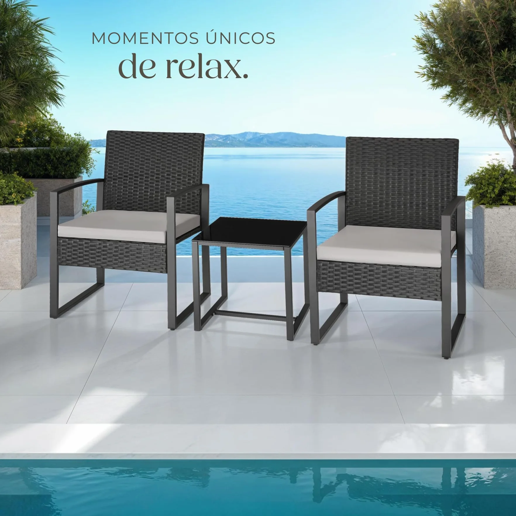 TecTake® Conjunto Jardín Exterior para 2 Personas, Muebles de Jardin 2 Sillas Ratán con Cojines y Mesa Terraza con Tablero Vidrio de Seguridad, Fundas Extraíbles, Robusto y Resistente a la Intemperie