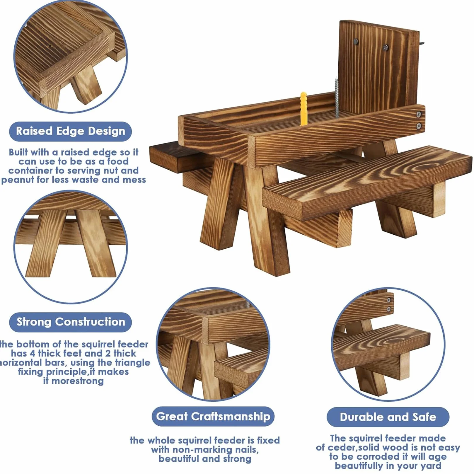 Comedero para Ardillas Alimentador de Madera con Paraguas para Exteriores