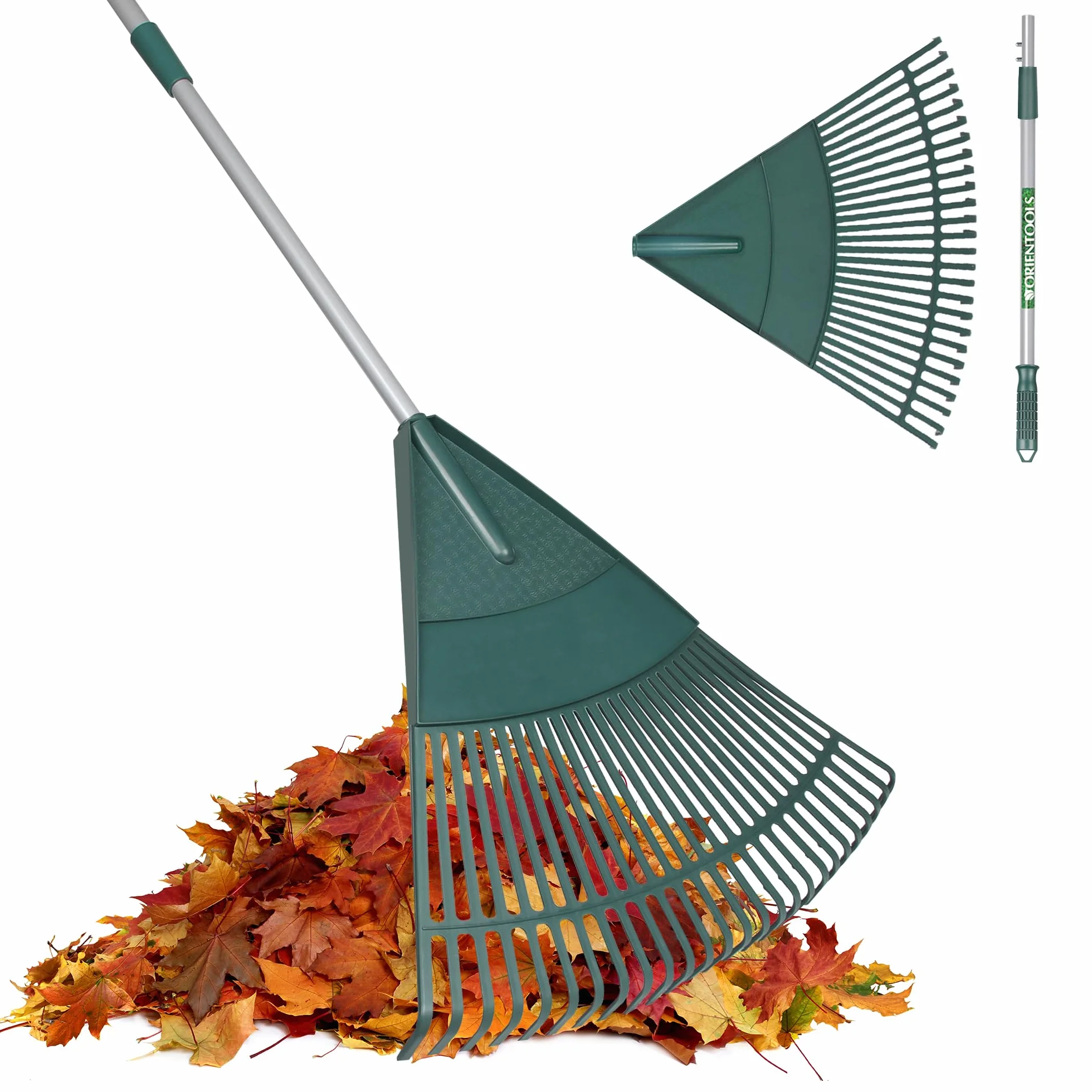 ORIENTOOLS Rastrillo de Hojas de Jardín, Mango de Acero Ajustable, 26 Dientes, 110-168 cm