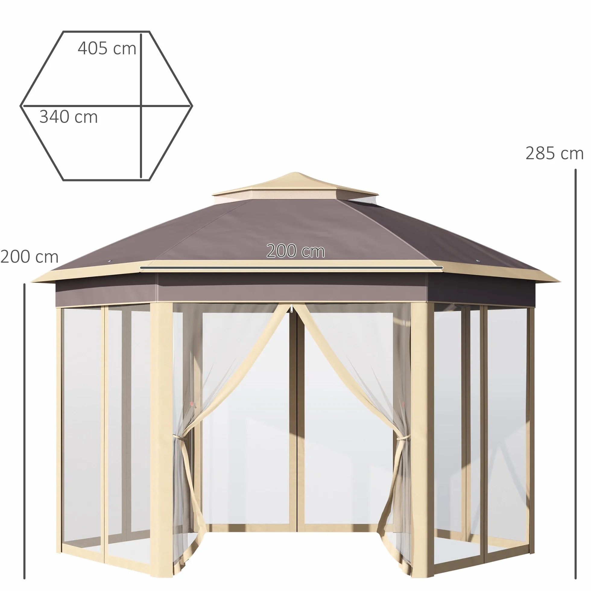 Outsunny Carpa Plegable 4x3,4x2,85 m Cenador de Jardín Hexagonal con Doble Techo 6 Mosquiteras Desmontables Bolsa de Transporte Altura Ajustable en 3 Niveles y Anti-UV Gazebo para Fiesta Patio Beige