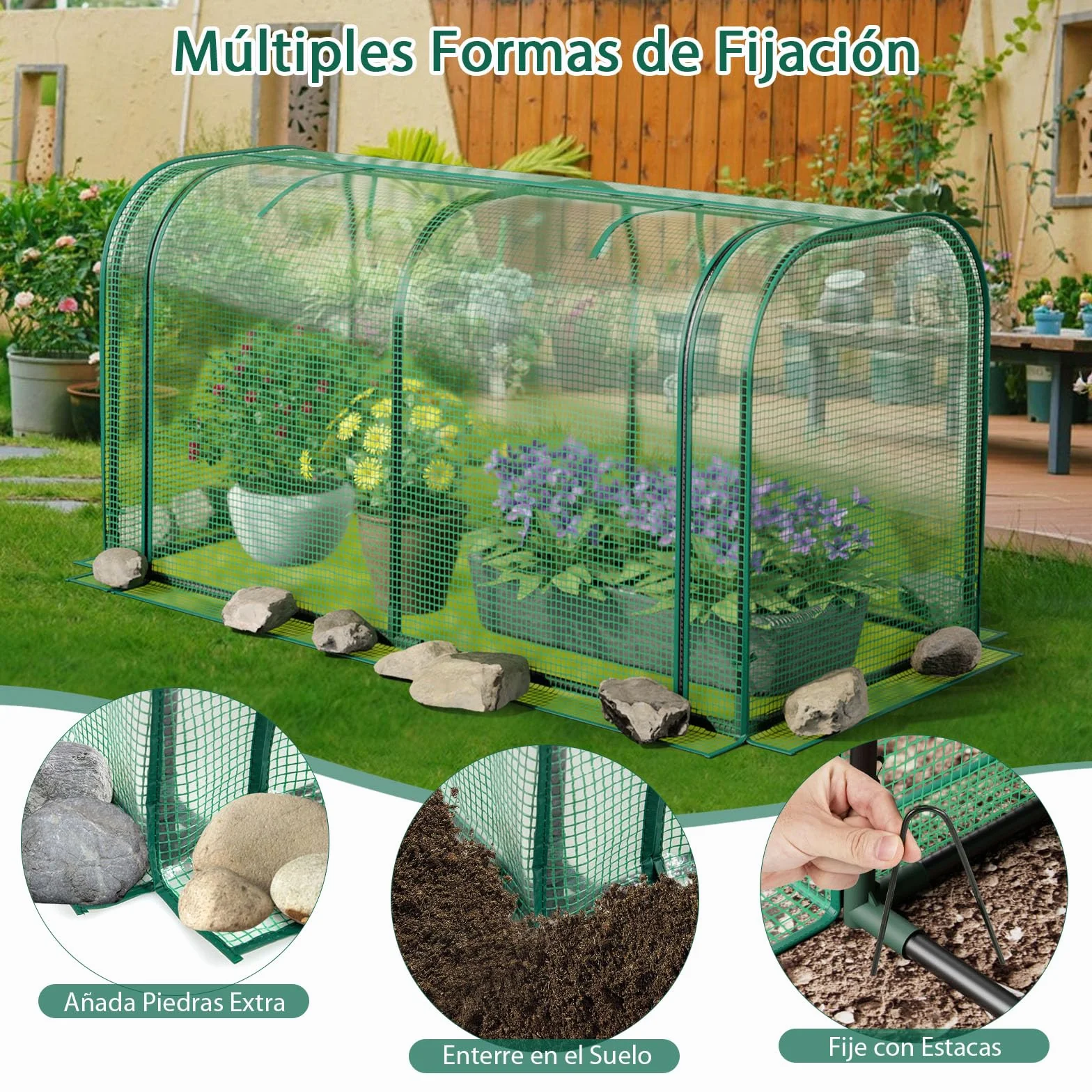 GOPLUS Mini Invernadero Portátil, 118 x 55 x 60 cm, Invernadero Exterior con Puerta Enrollable, Estacas de Tierra, Estructura de Metal, Cubierta PE Impermeable, para Verduras Flores Plantas (Verde)
