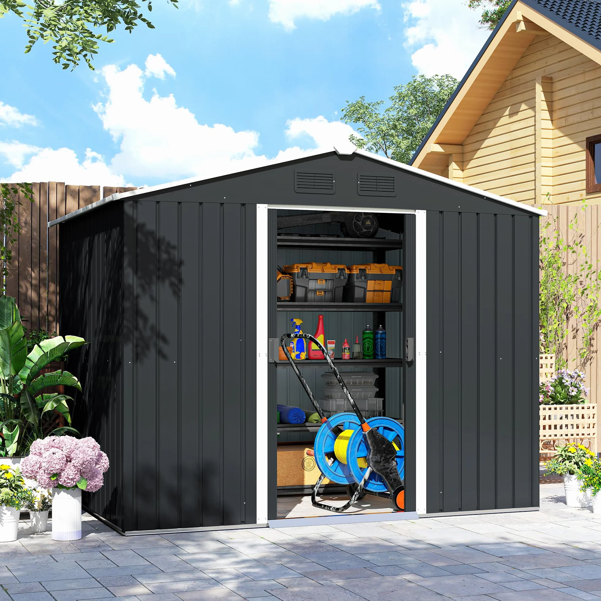 Outsunny Caseta de Jardín Exterior 3,6 m², 236x174x190 cm, Cobertizo Metálico con Puertas Correderas