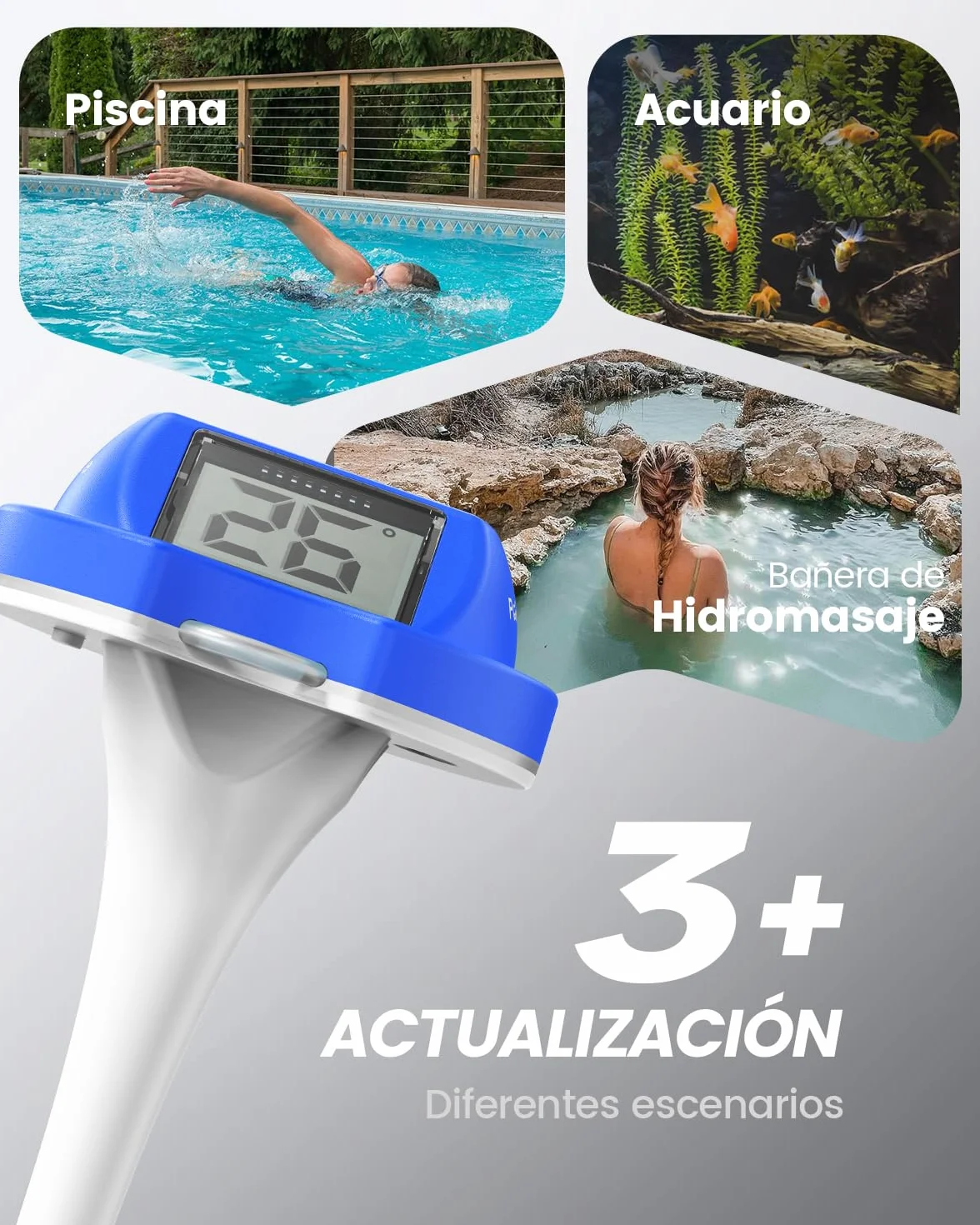 Termómetro Piscina Flotante Doble Pantalla Digital IPX7 para Bañeras de Hidromasaje y Piscinas