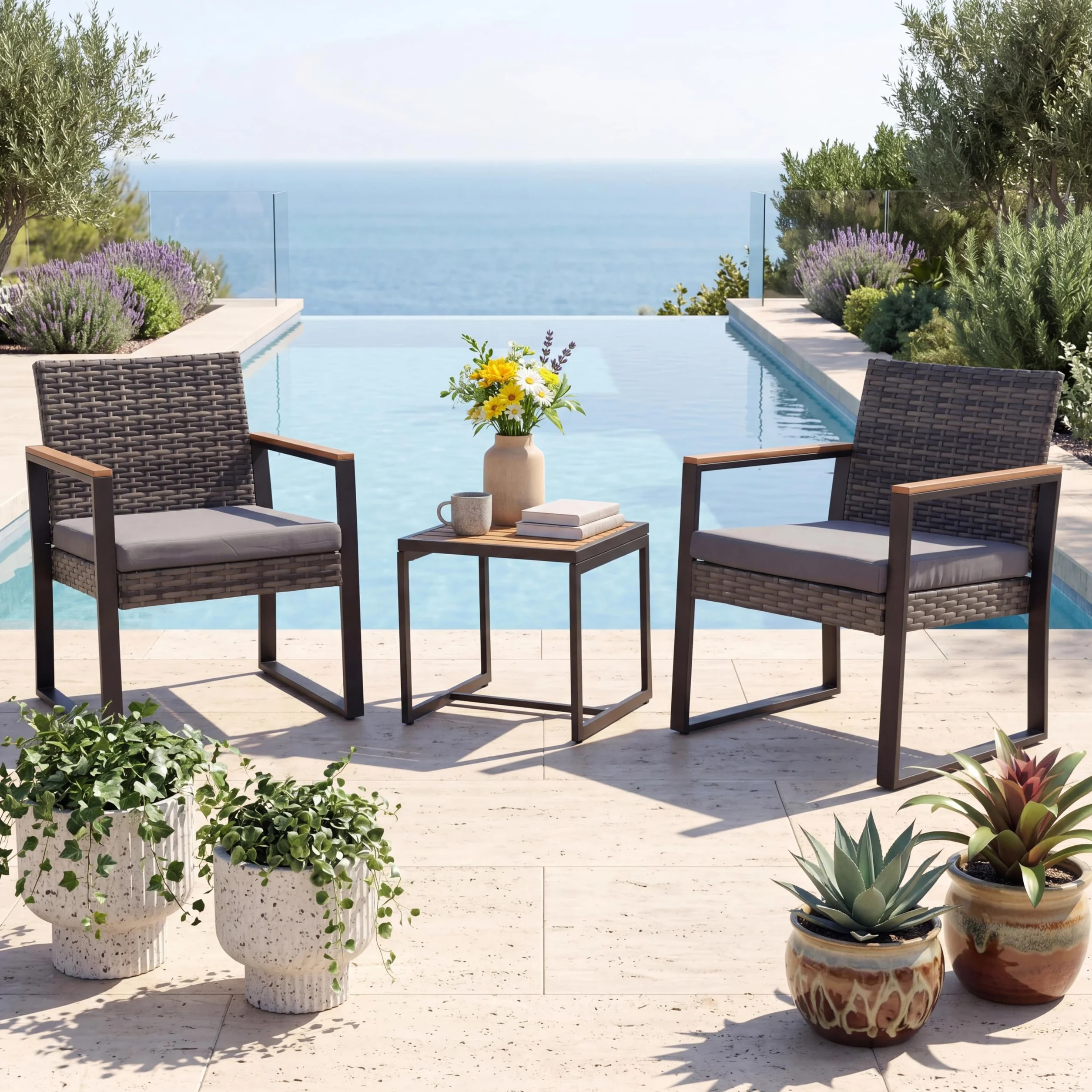 LIFEZEAL Set de 3 Piezas Muebles de Ratán PE, Mesa y Sillas Exterior, Cojines y Patas Ajustables Gris