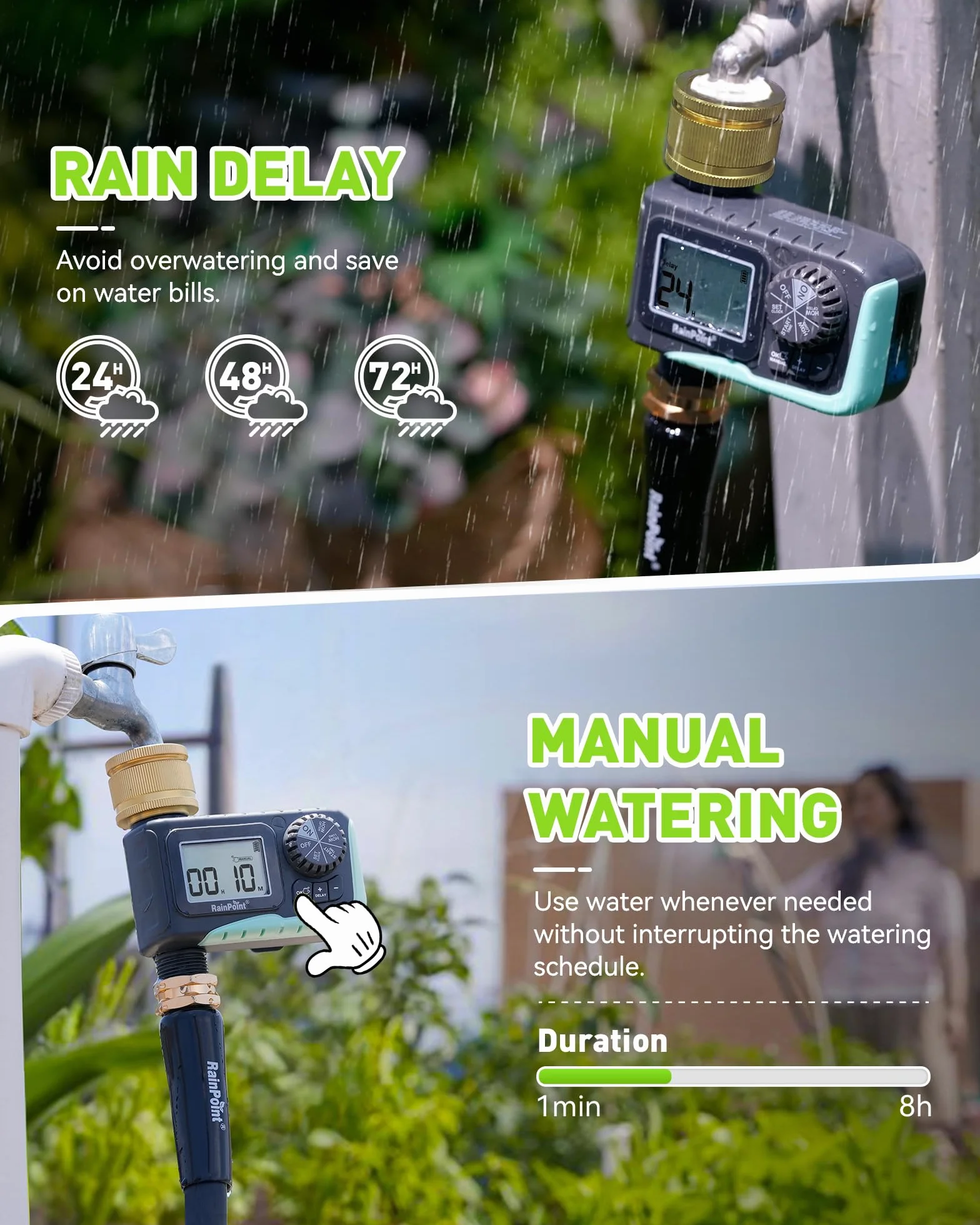 RAINPOINT Programador de Riego Automático con Entrada de Latón, Temporizador con Retraso por Lluvia, Alto Flujo